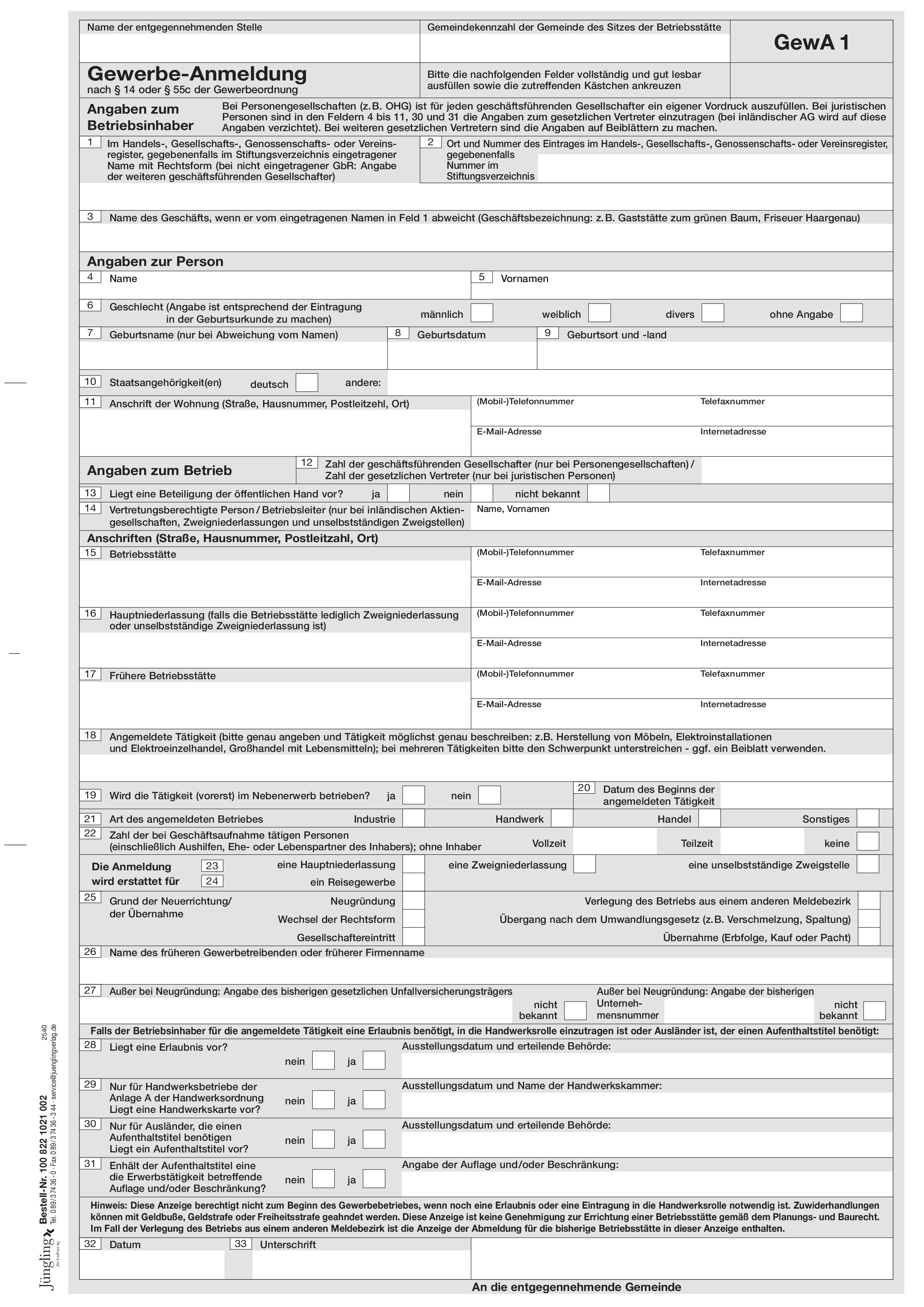 GewA 1 (Gewerbeanmeldung), ab 1.11.2025 A4, 2-fach selbstdurchschreibend