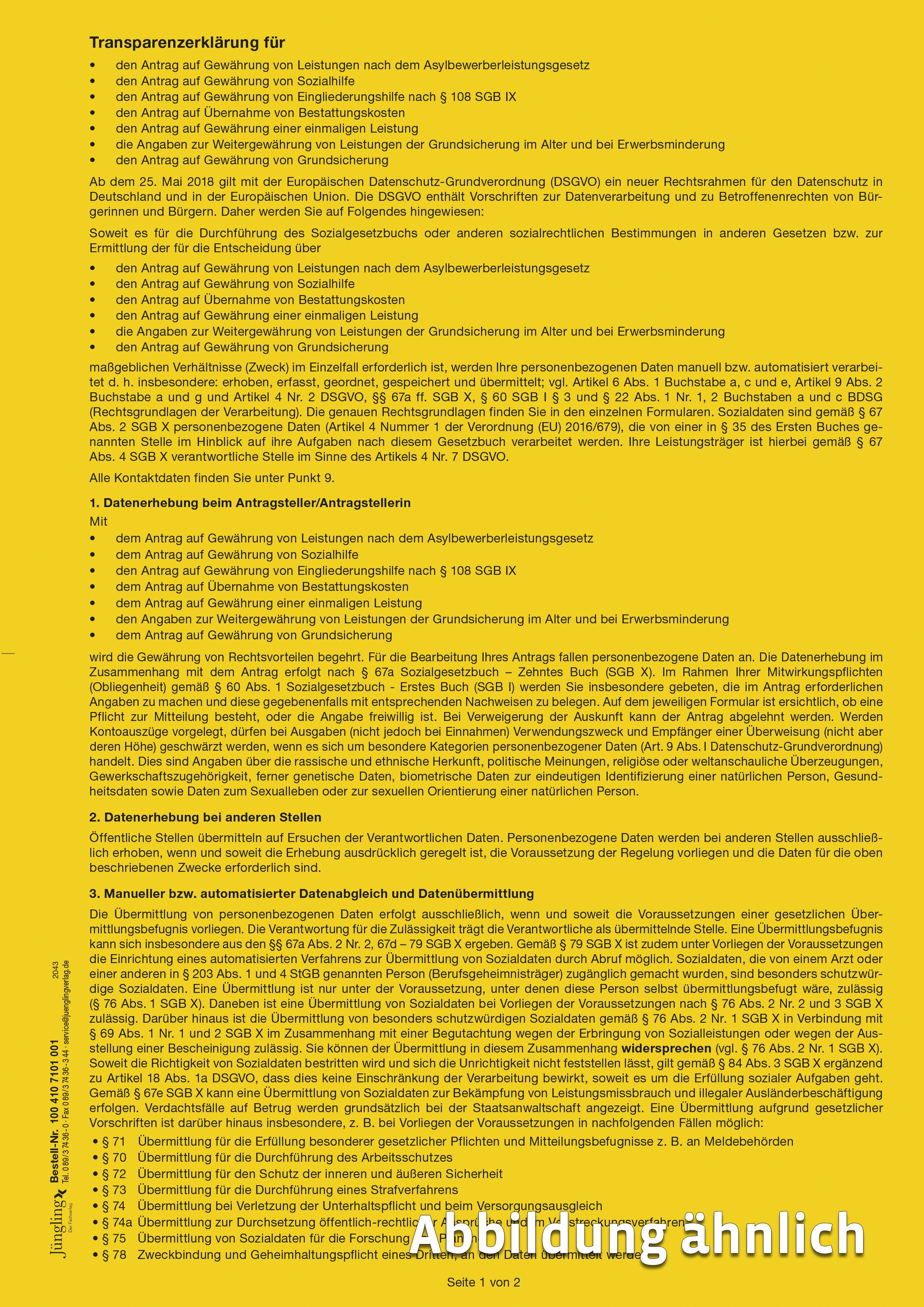 DSGVO Transparenzerklärung für Sozialhilfeanträge, A4, 2-seitig, gelb