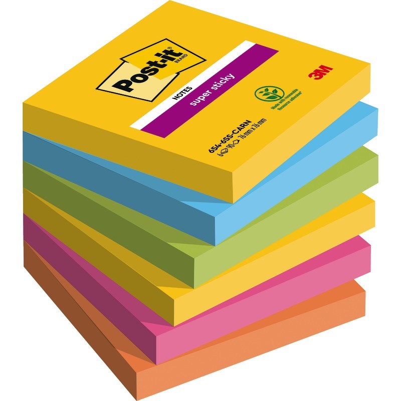 Post-it® Haftnotizen Super Sticky Notes, 76 x 76 mm, farbsortiert, 6 Blöcke - Carnival bunt