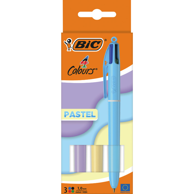 BIC 4 Colours Vierfarb-Kugelschreiber M Pastell, 3 Stück, farbsortiert