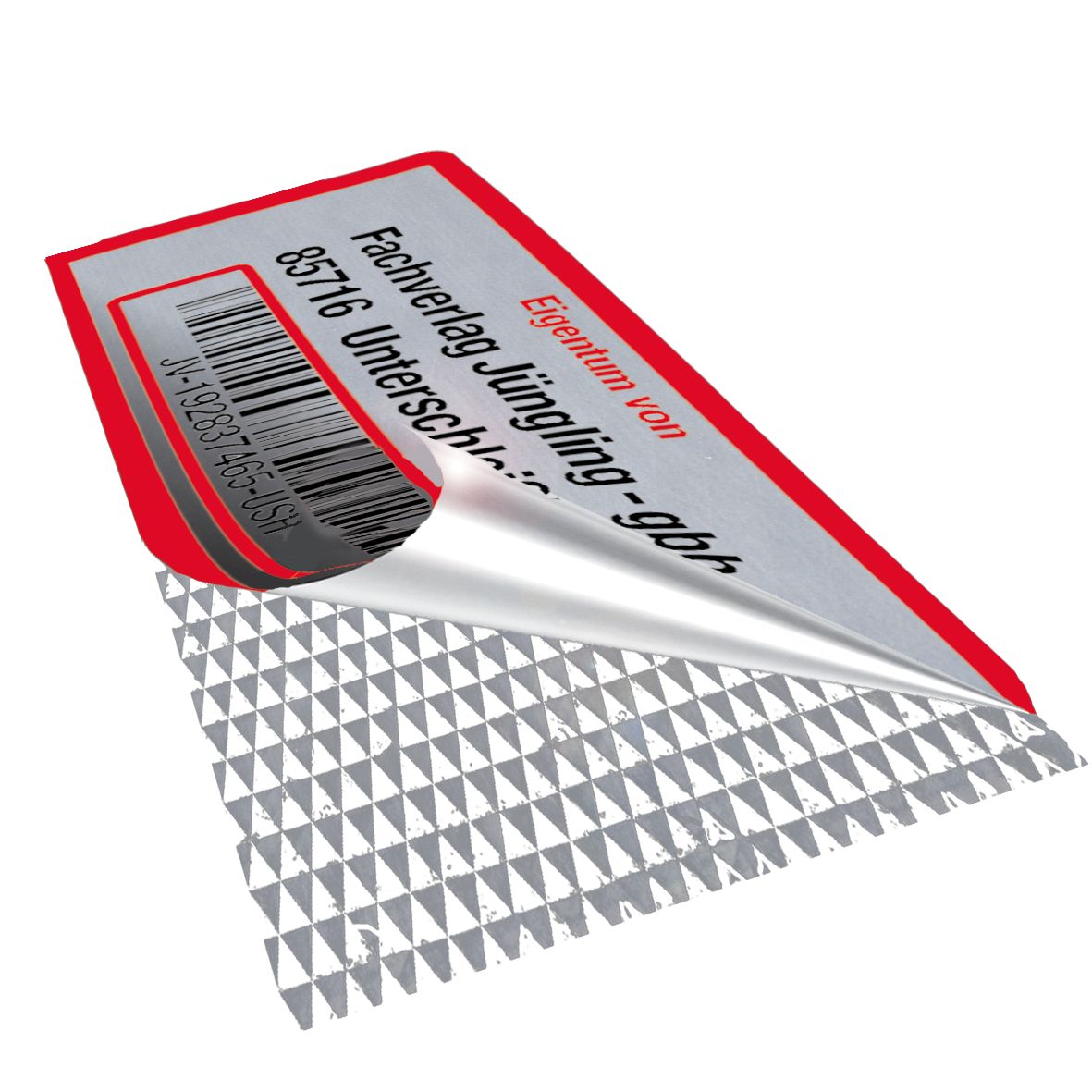 Inventaretikett, mit Barcode und Klarschrift, Farbe: rot