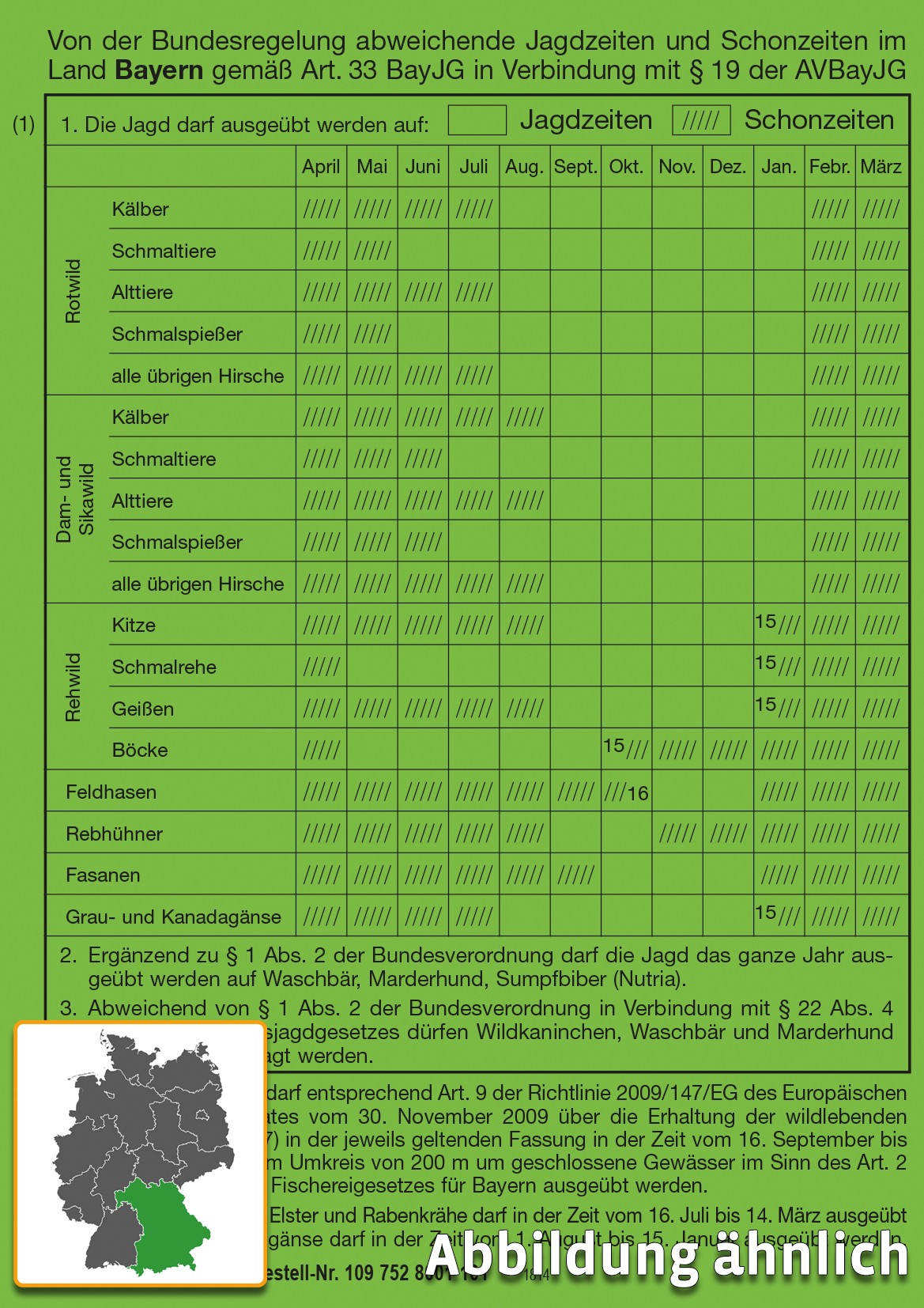 Aufkleber Jagd- und Schonzeiten Bayern für Jagdschein, (140 x 99 mm), grün