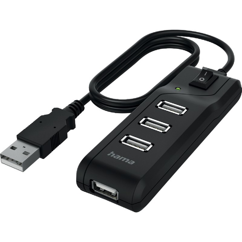 hama USB-Hub, 4 Ports, USB 2.0, 480 Mbit / s, Ein- / Ausschalter - schwarz