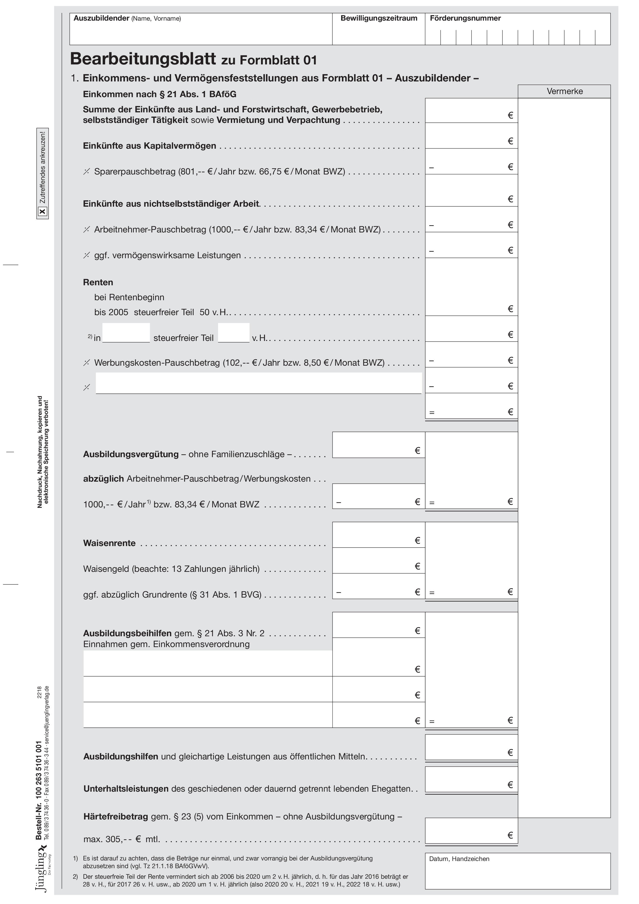 Bearbeitungsblatt Berechnung Einkommen Azubi zu Formblatt 01, A4, 2-seitig