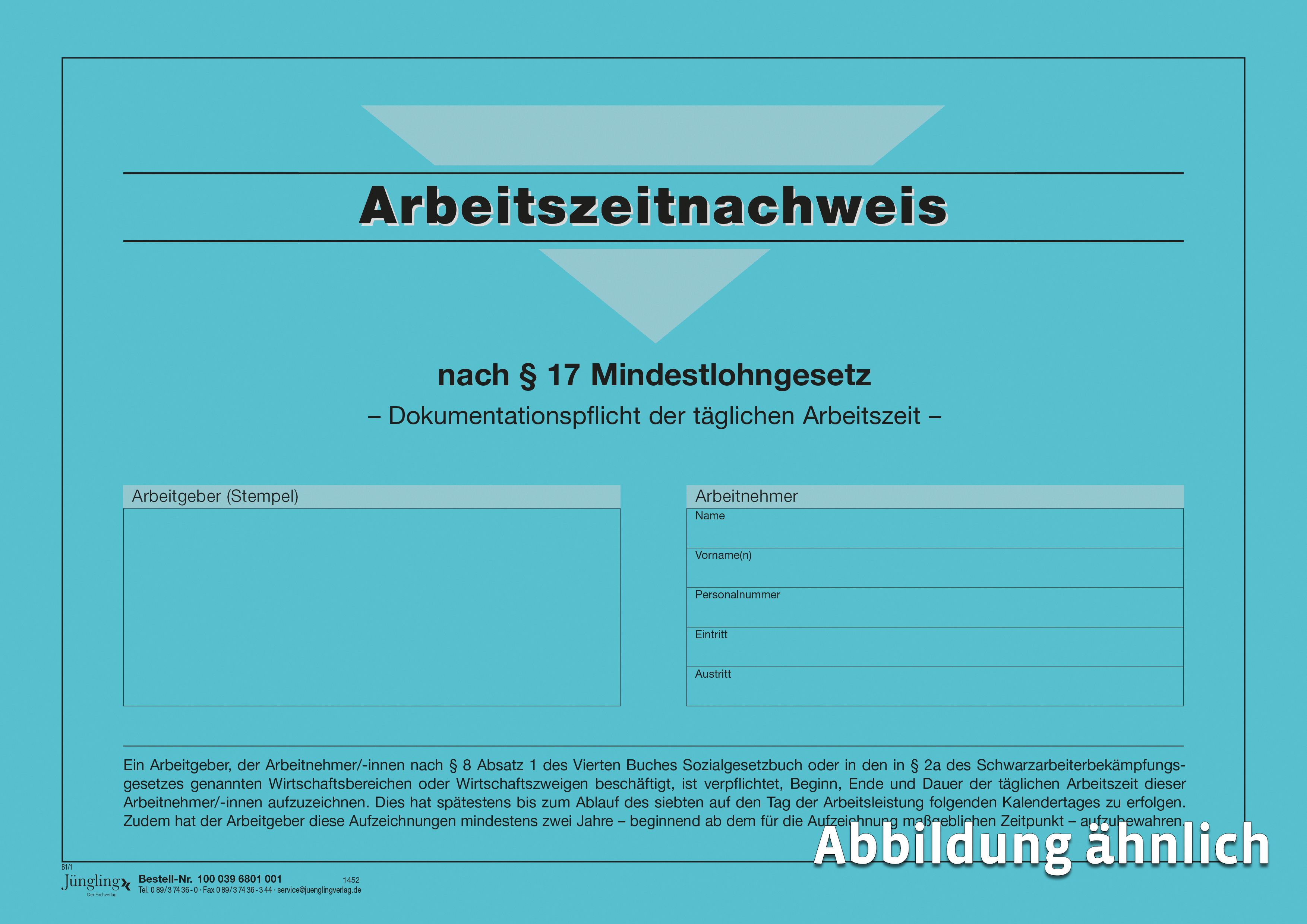 Arbeitszeitnachweis nach § 17 Mindestlohngesetz, A4, 32 Seiten