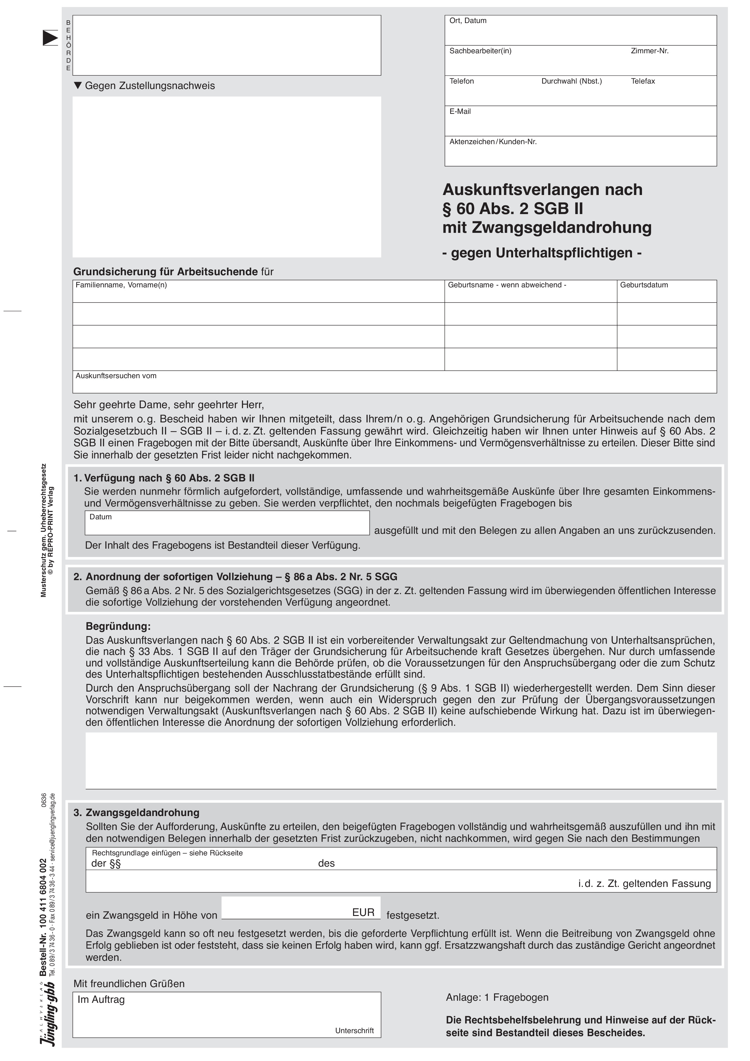 Auskunftsverlangen mit Zwangsgeldandrohung an Unterhaltspflichtigen