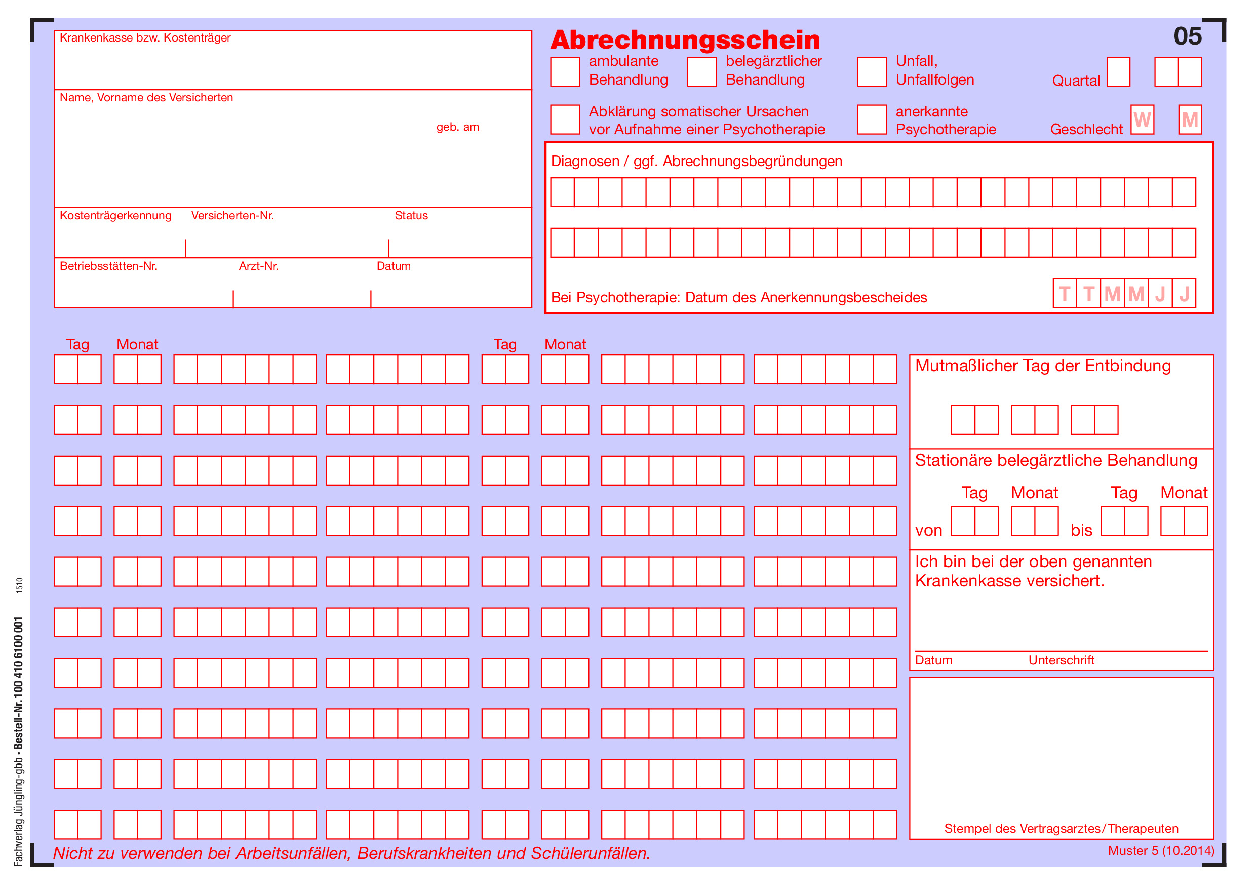 Abrechnungsschein (Muster der Kassenärztlichen Vereinigung), A5