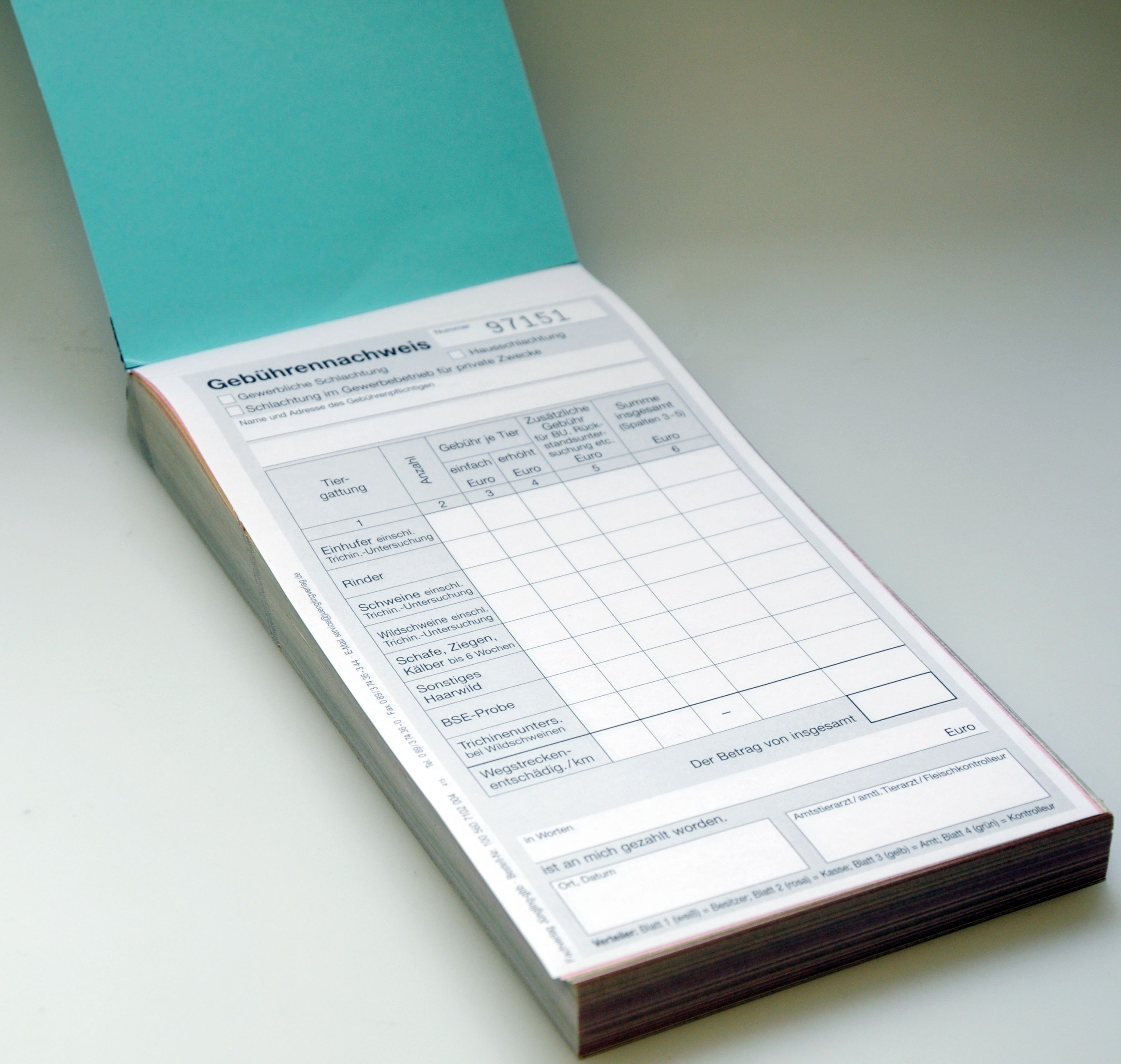 Gebührennachweis (Quittung) für Schlachtung, Block, 50 Satz