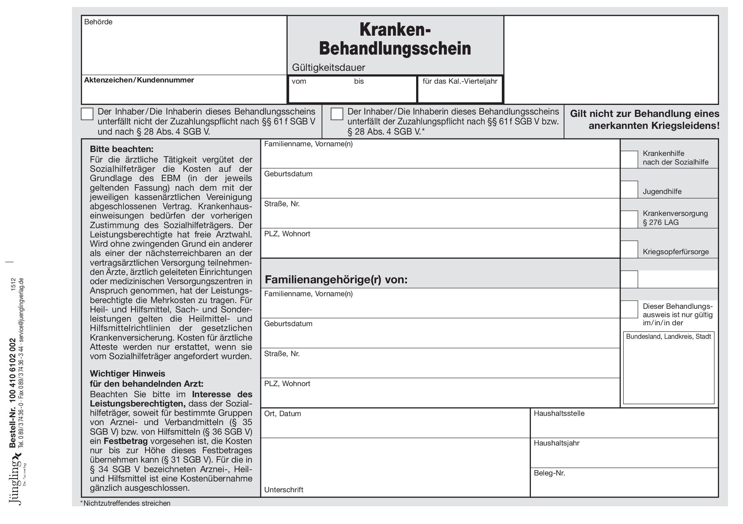 Krankenbehandlungsschein A5, 2-fach