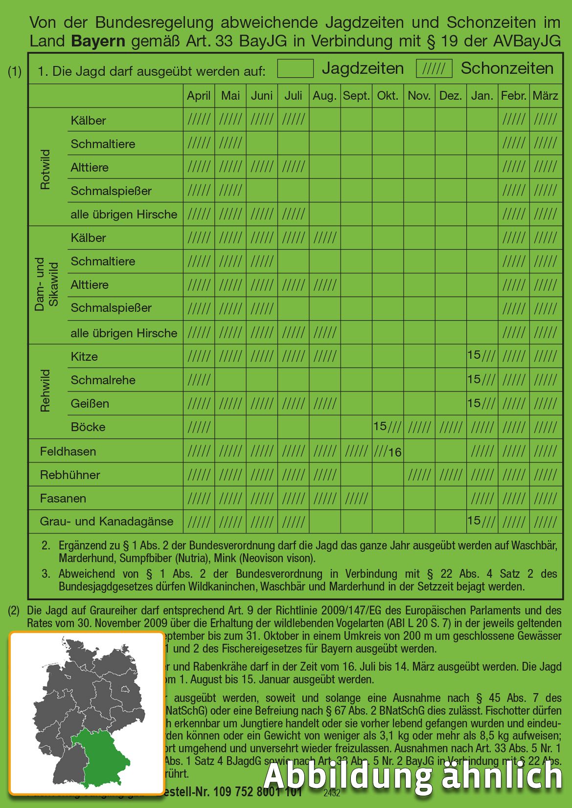 Aufkleber Jagd- und Schonzeiten Bayern für Jagdschein, (140 x 99 mm), grün