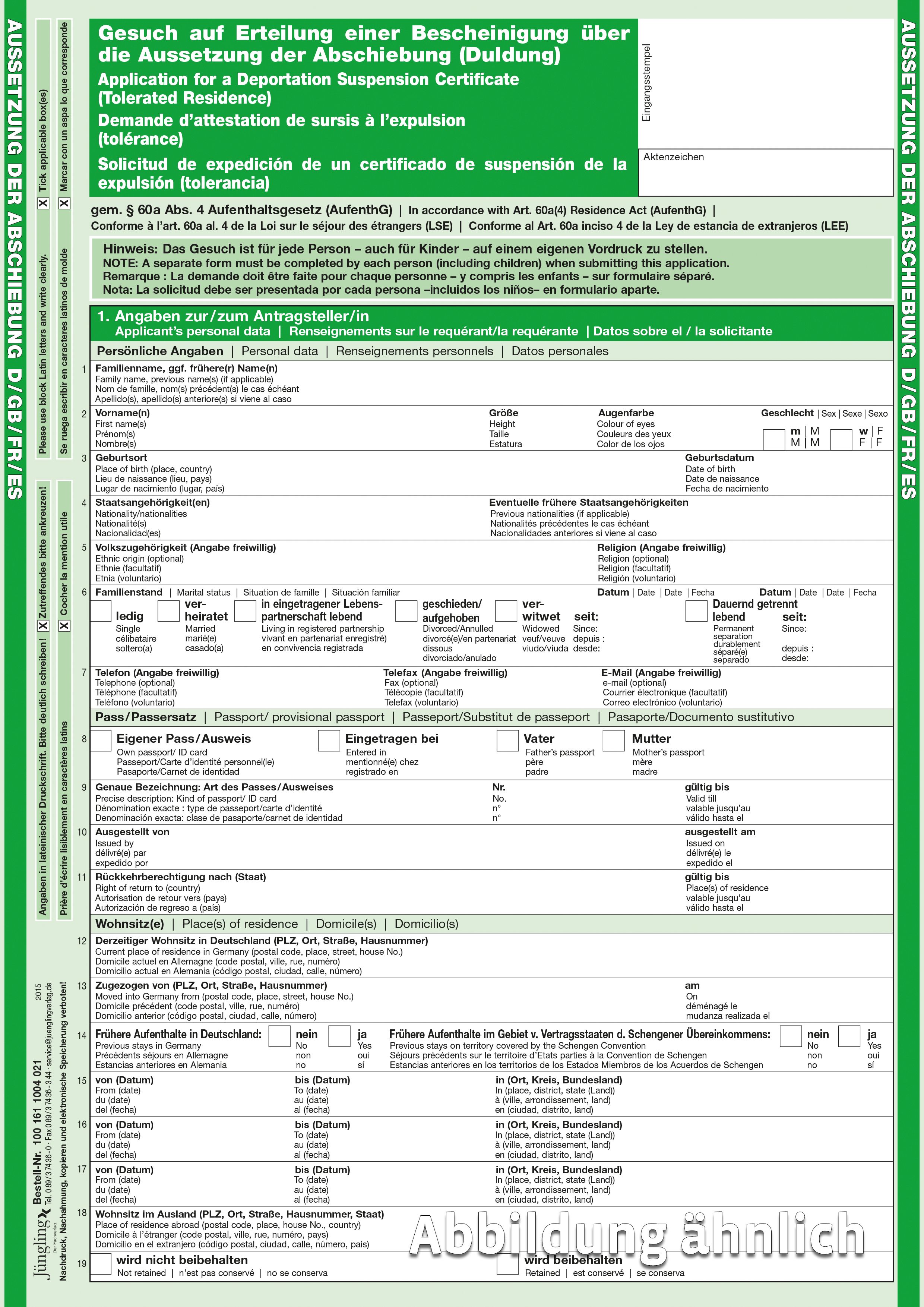 Antrag auf Erteilung einer Duldung, zweifarbig, 8 Seiten, D-E-F-S