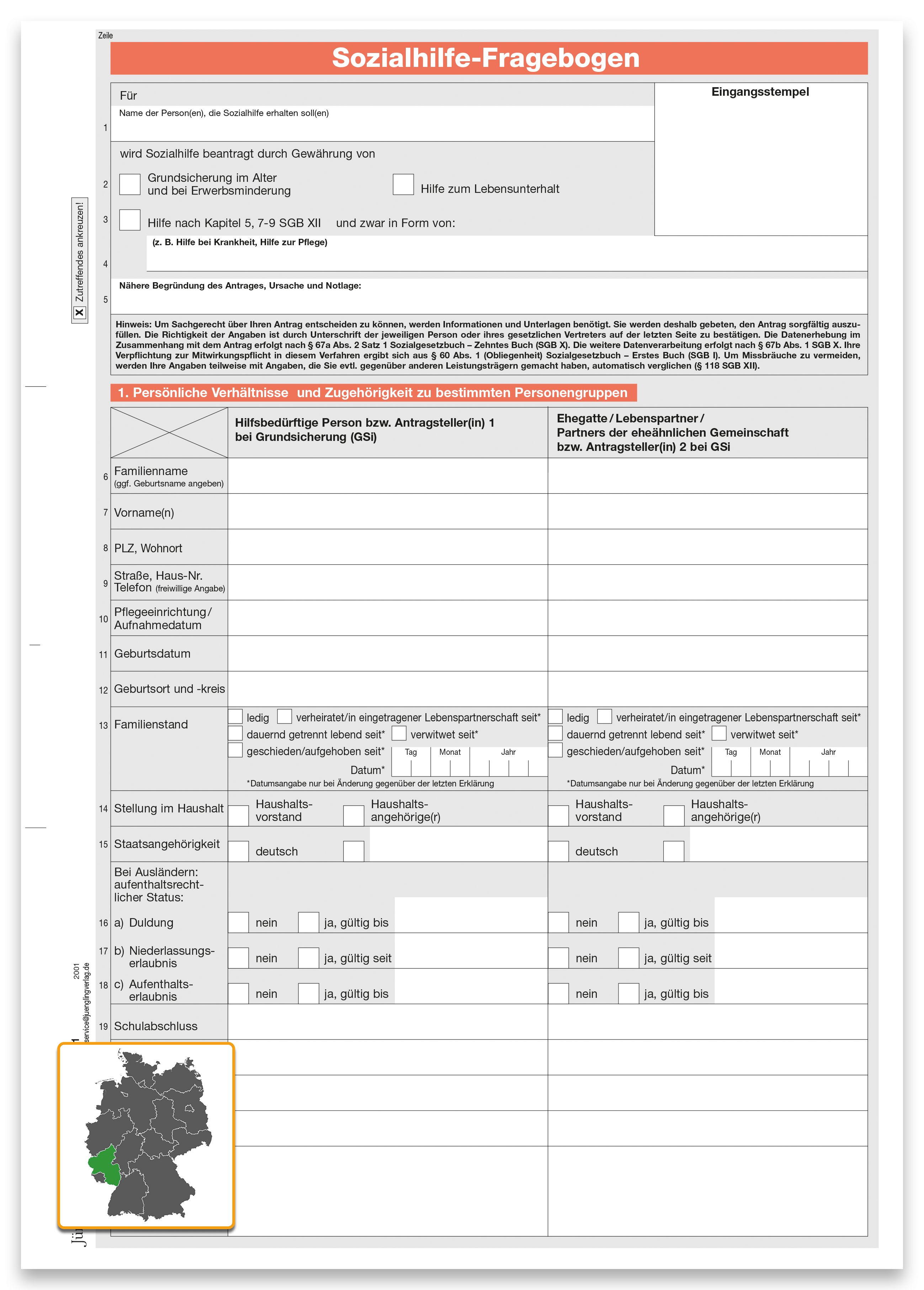 Sozialhilfeantrag Rheinland - Pfalz, A4 6-seitig