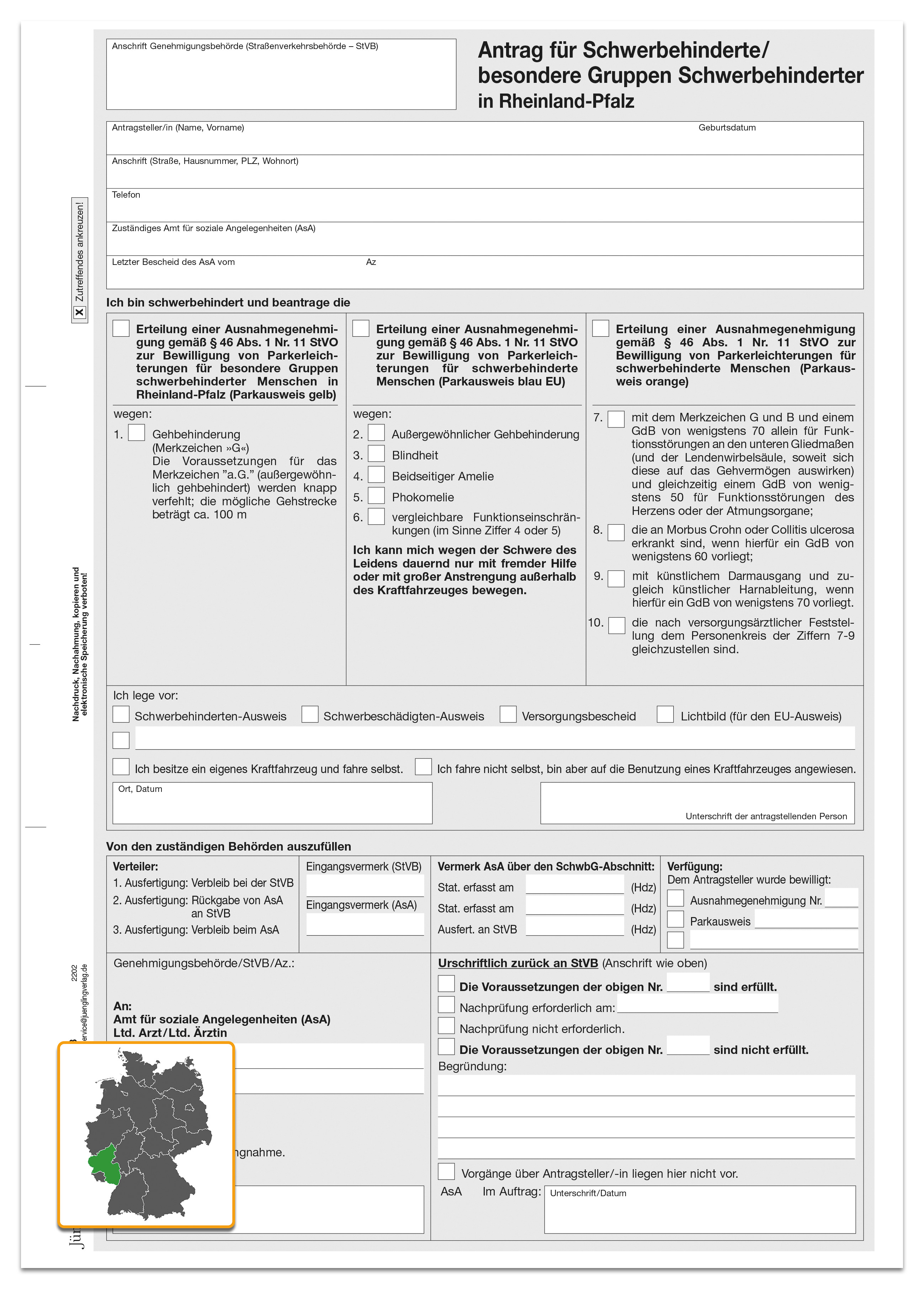 Antrag auf Behinderten-Parkausweis für besondere Gruppen Schwerbehinderter, RHP, A4, 3-fach SD