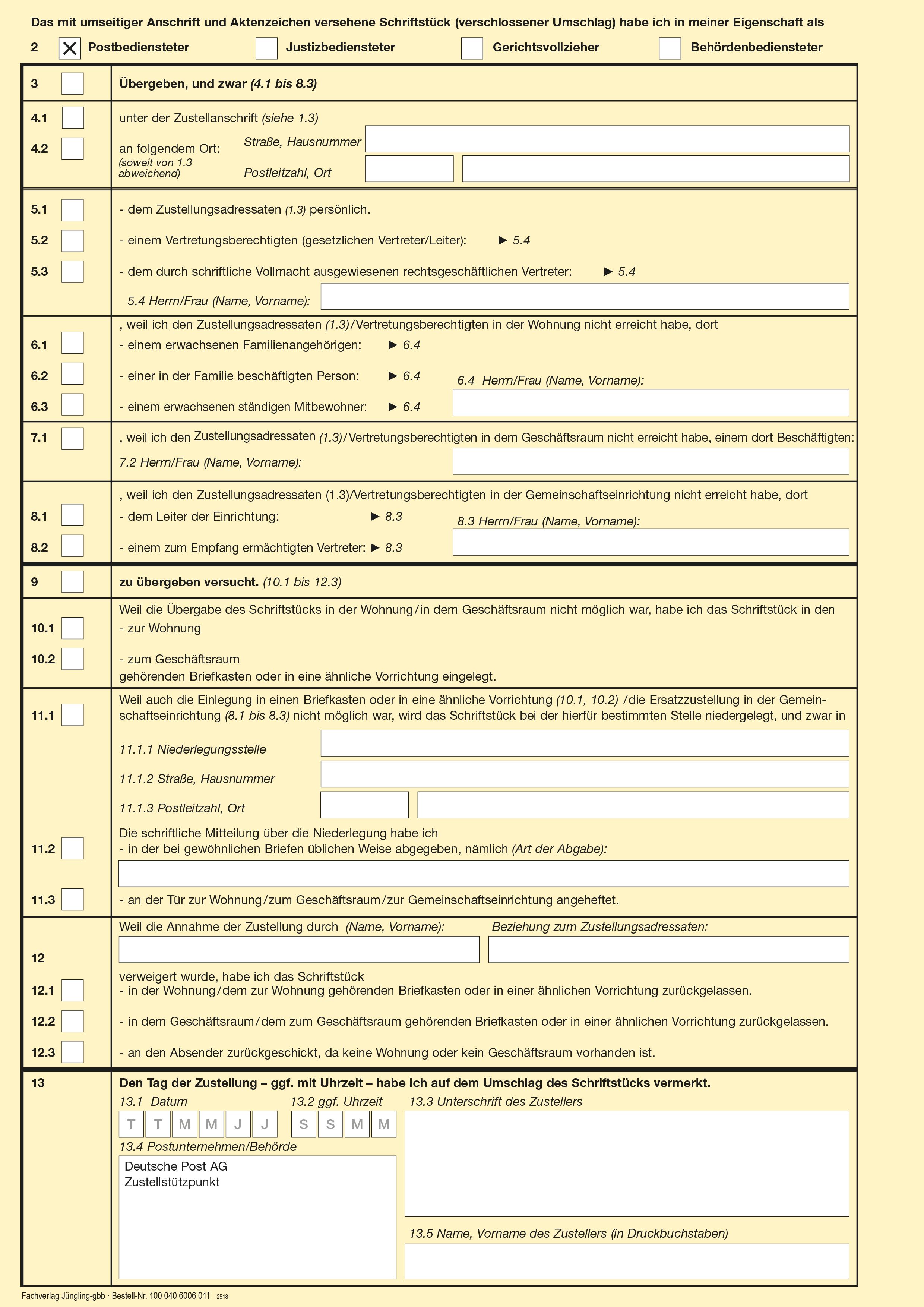 Zustellungsurkunde mit Eindruck Deutsche Post AG, A4, gelb, laserdruckergeeignet