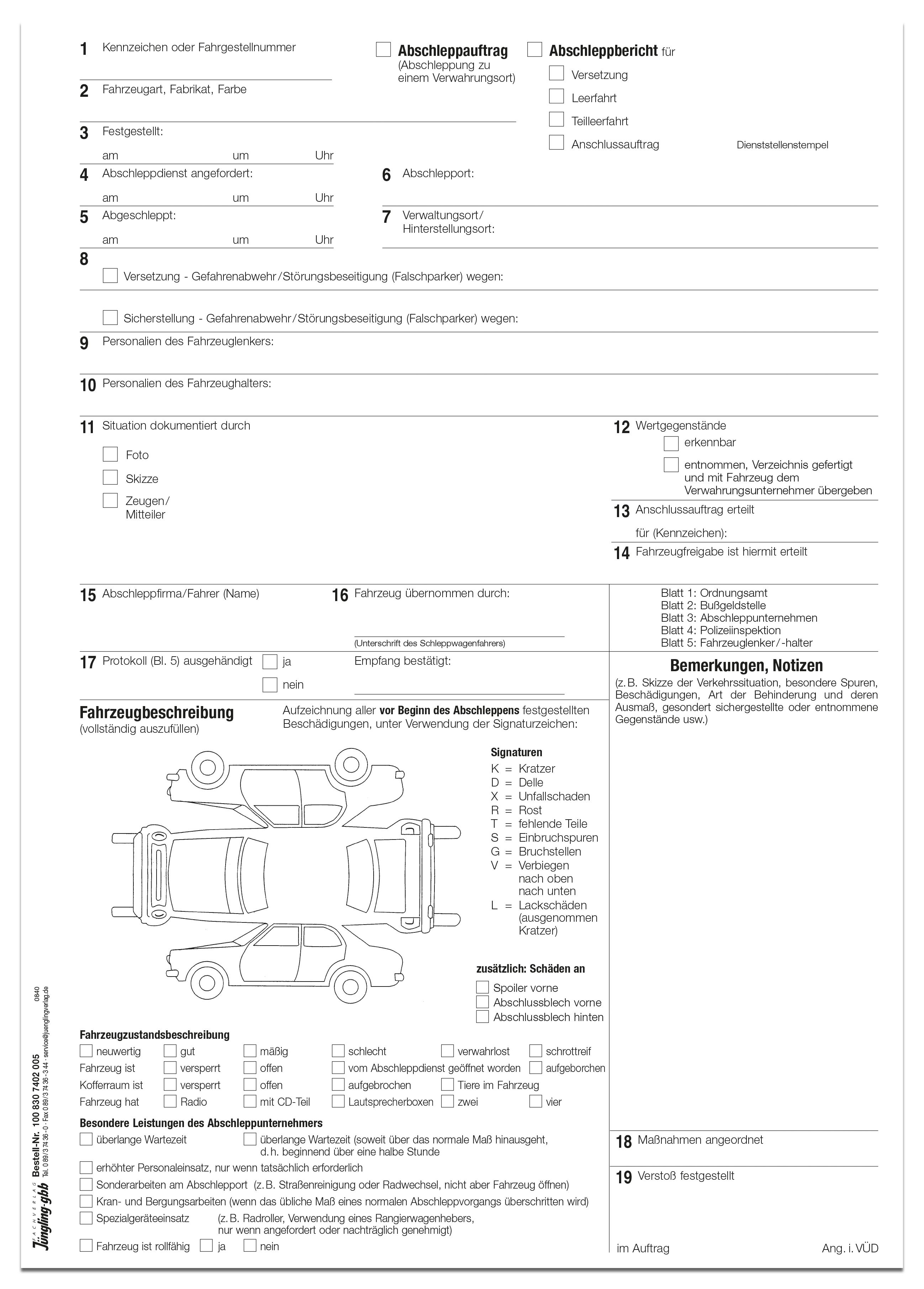 Abschleppauftrag / -bericht, A4, 5fach, SD Formularsatz