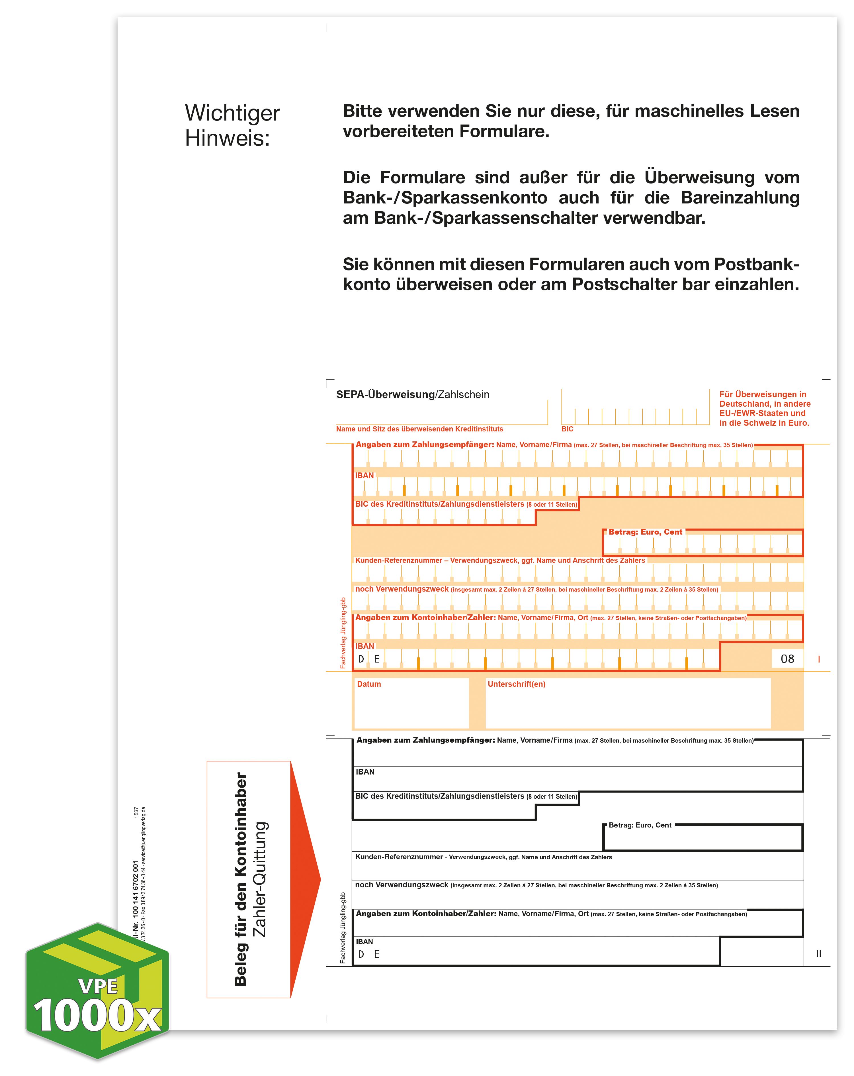 SEPA Zahlschein, A4, Giro Mitte, Beleg unten, [08], VKE 1000 Stück
