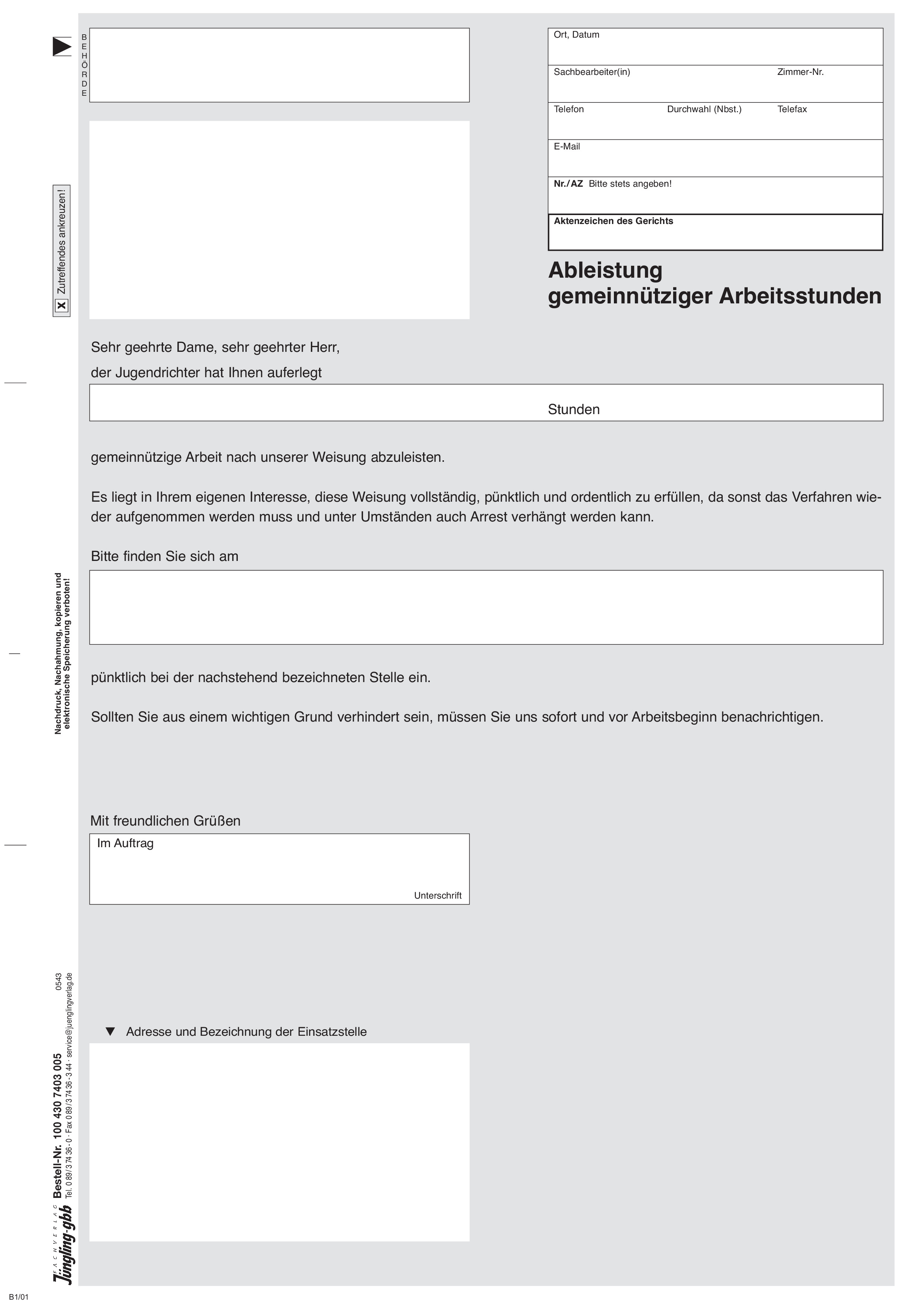 Ableistung gemeinnütziger Arbeitsstunden, A4 5-fach Formularsatz