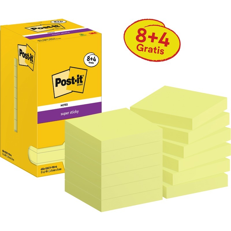 8 + 4 GRATIS! 12 Blöcke Post-it® Haftnotizen Super Sticky Notes, 76 x 76 mm, gelb