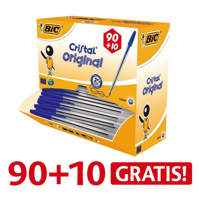 90 + 10 GRATIS! 100 BIC Kugelschreiber CRISTAL Original, M, blau