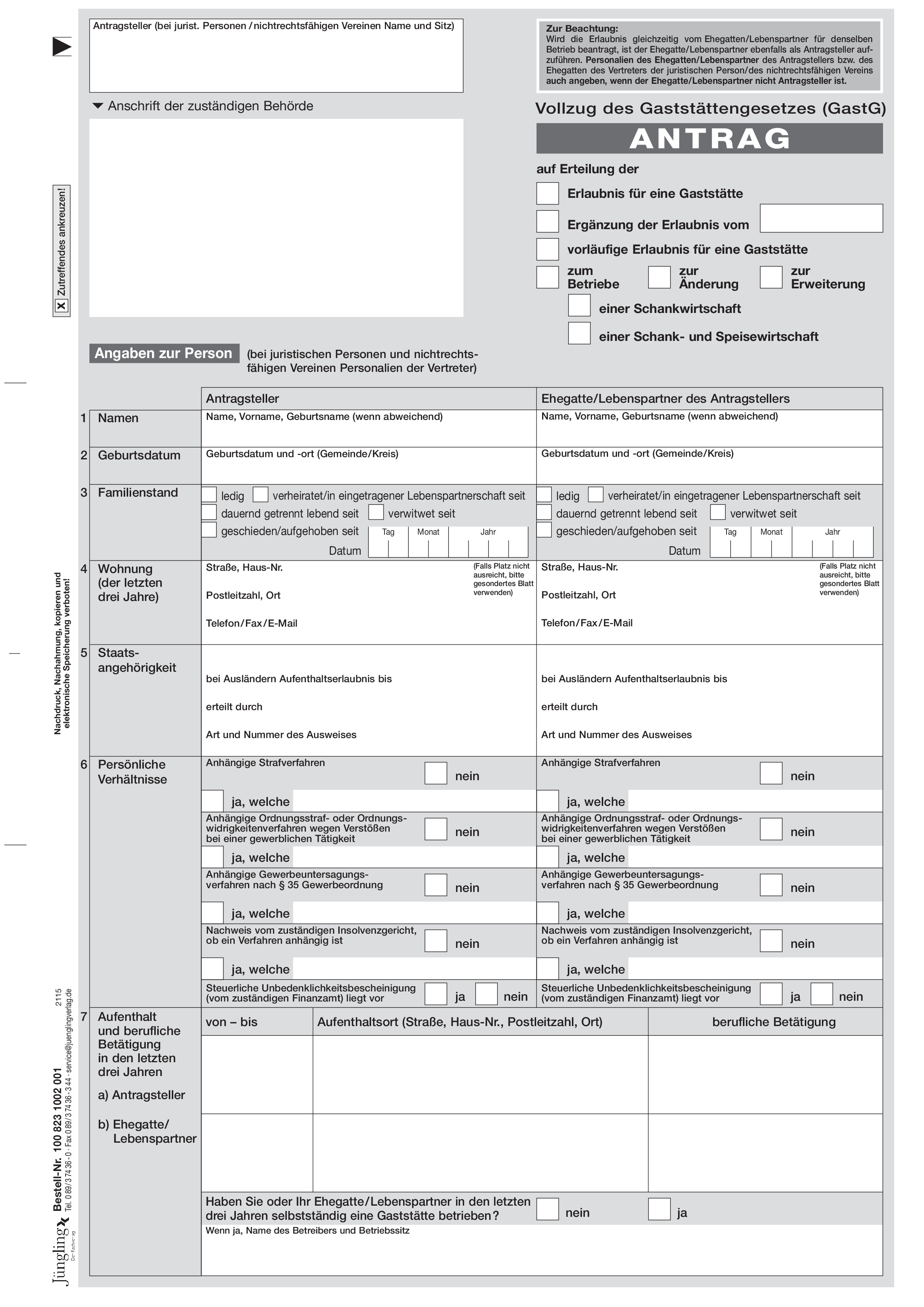 Antrag §§ 2, 11 GastG, A4 4-seitig, perforiert