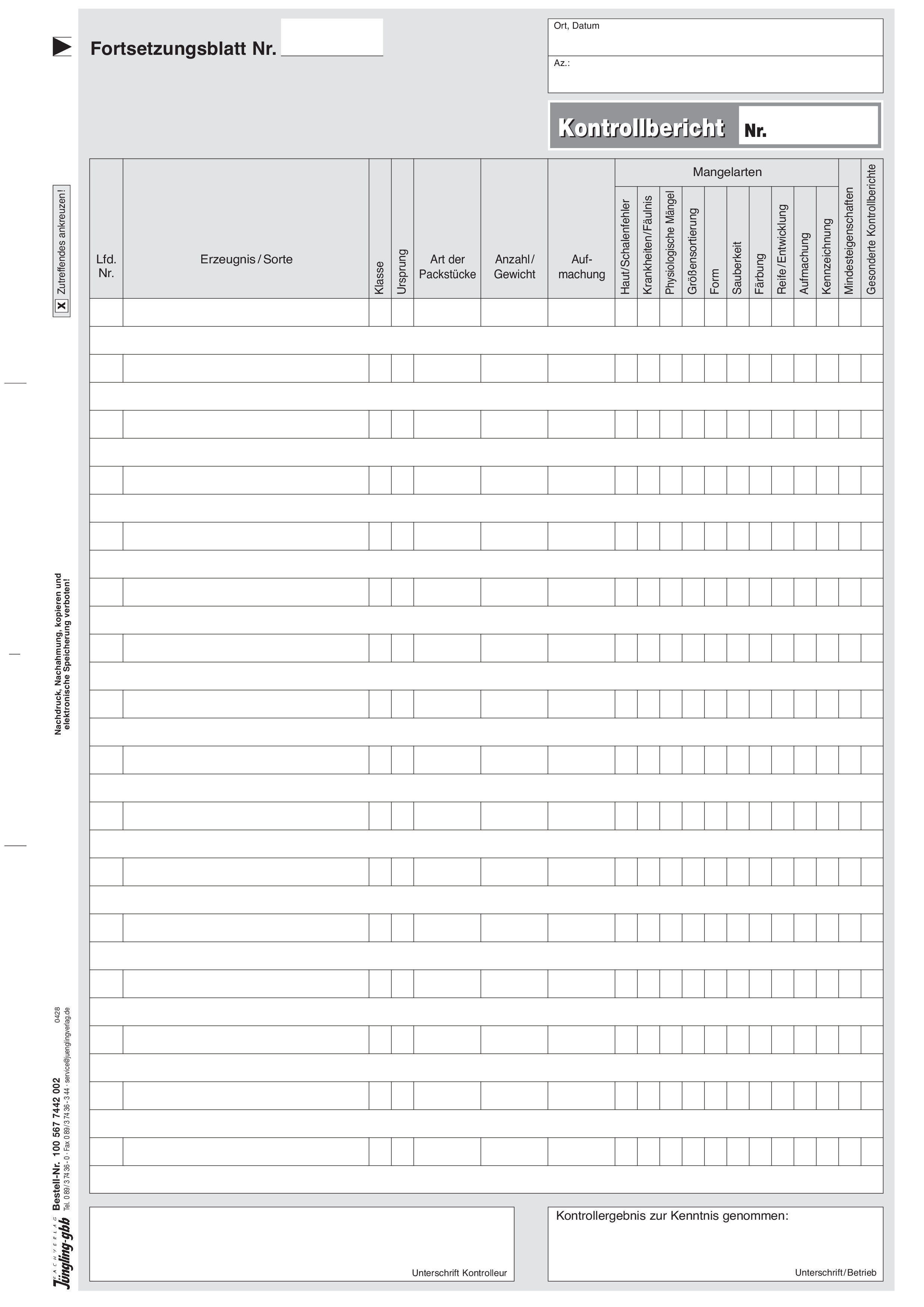 Fortsetzungsblatt zum Vordruck 100 567 7441 002, A4 2-fach