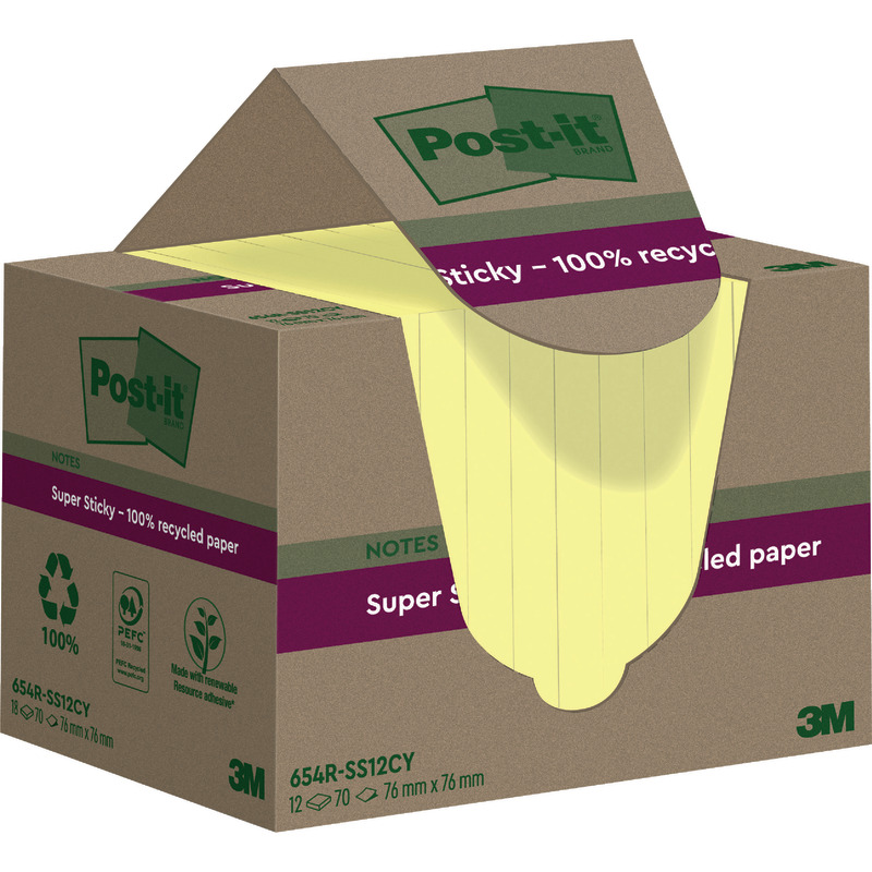 Post-it® Super Sticky 100 % Recycling Notes, Gelb, 76 mm x 76 mm, 12 Blöcke/Packung
