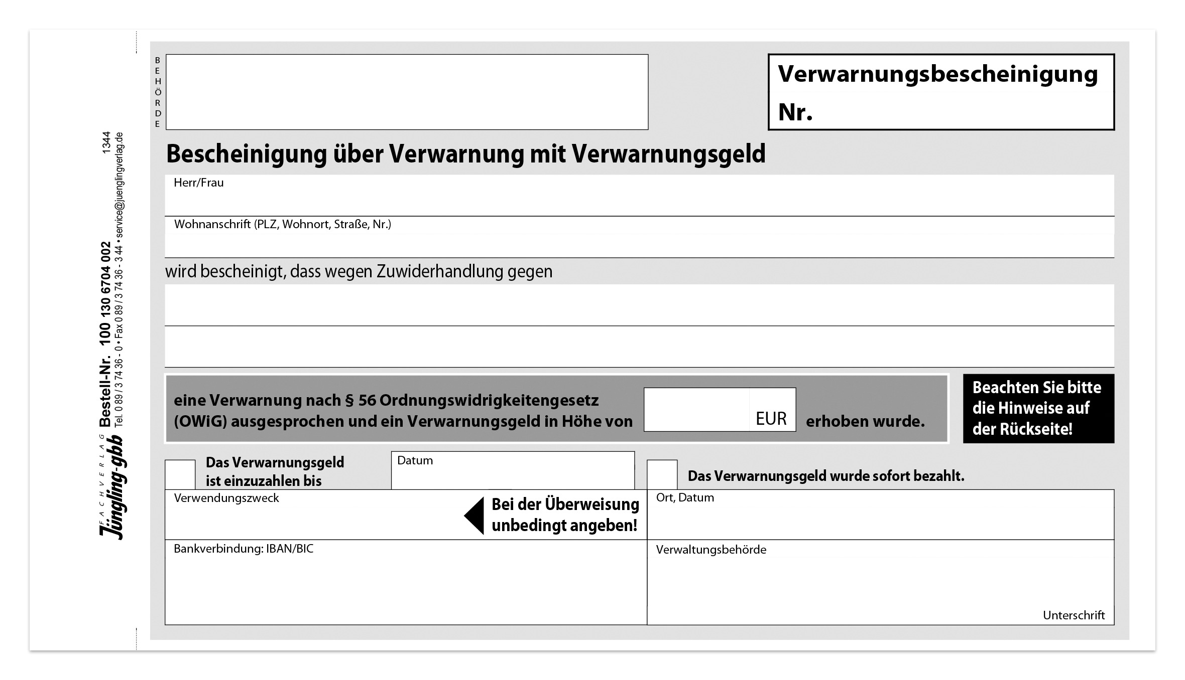 Verwarnungsbescheinigung, 190 x 105 mm, 2-fach, SD, nummerisch aufsteigend