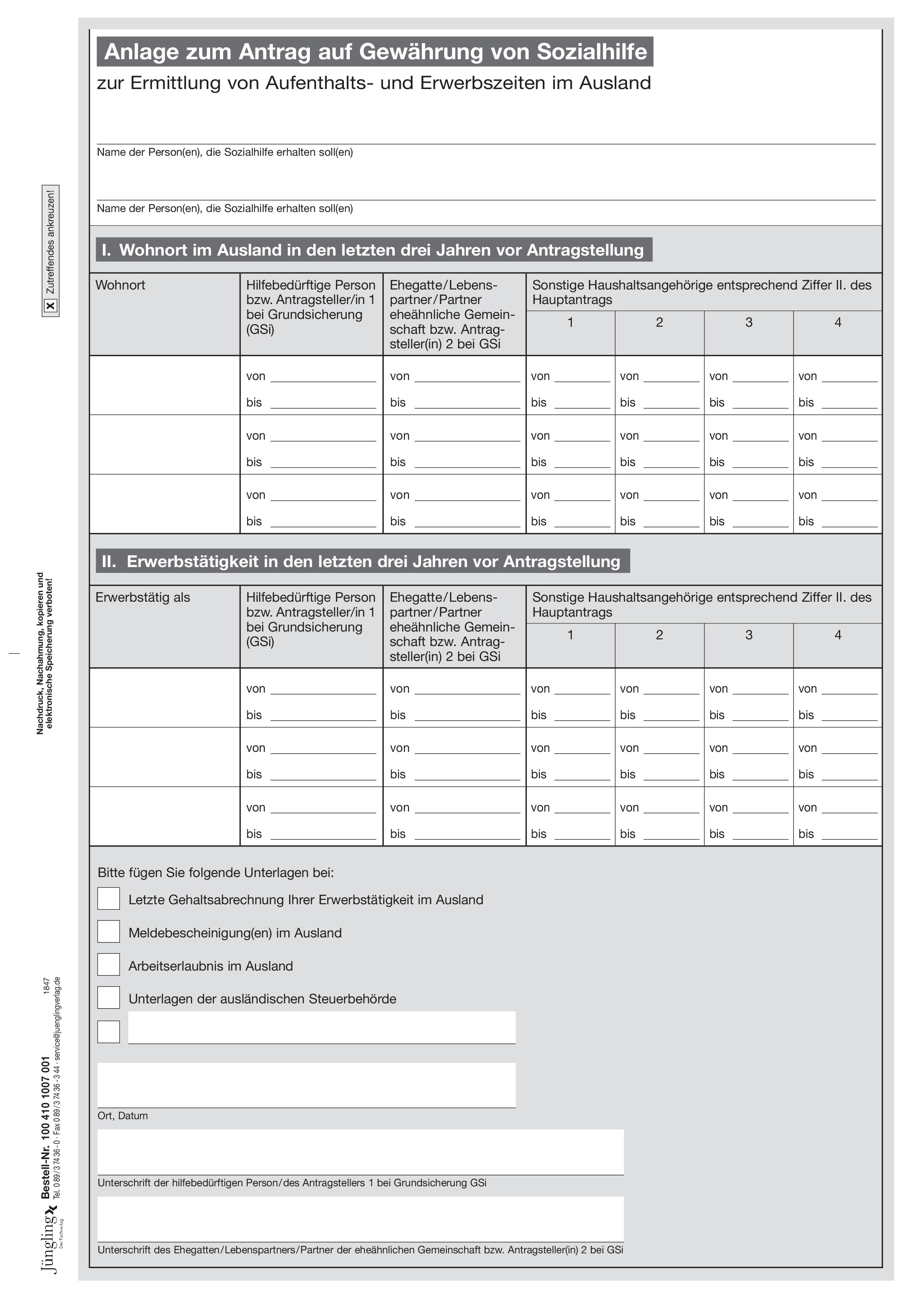 Anlage zur Ermittlung von Aufenthalts- und Erwerbszeiten im Ausland für Sozialhilfeanträge, A4