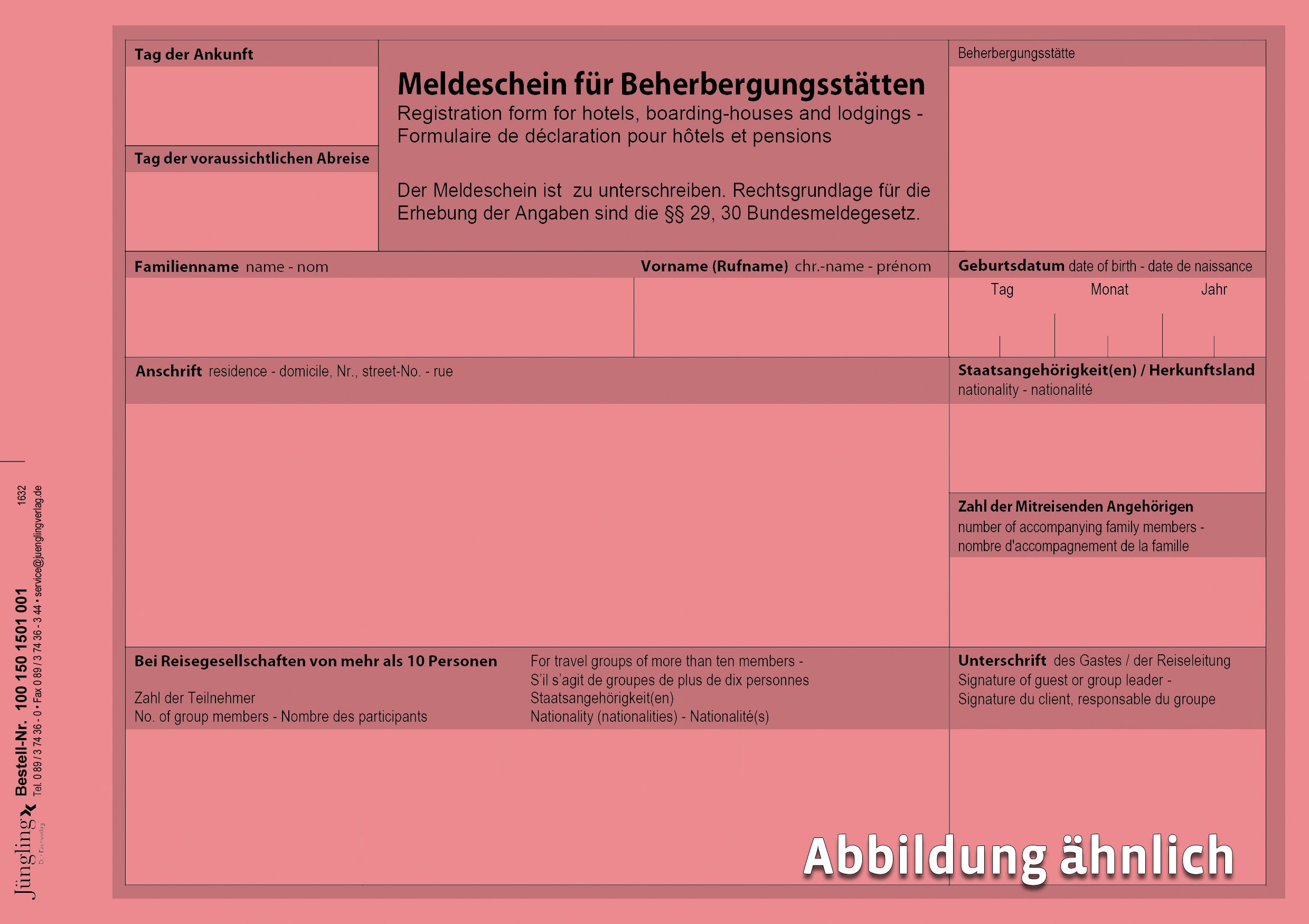 Meldeschein für Beherbergungsstätten, A5, rosa, geblockt à 50 Blatt