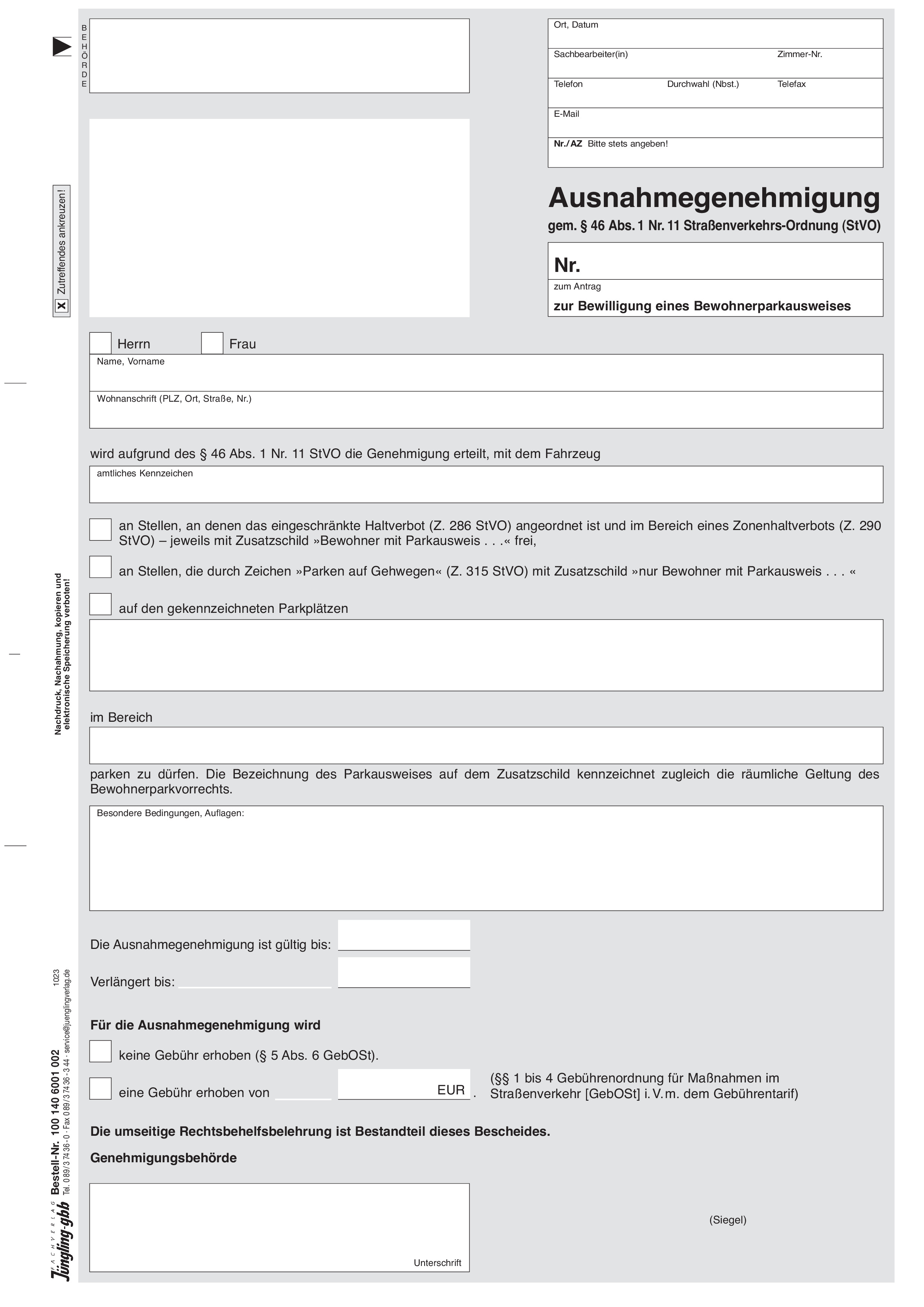 Ausnahmegenehmigung gemäß § 46 Abs. 1 StVO, Bewohnerparkausweis, A4, 2fach