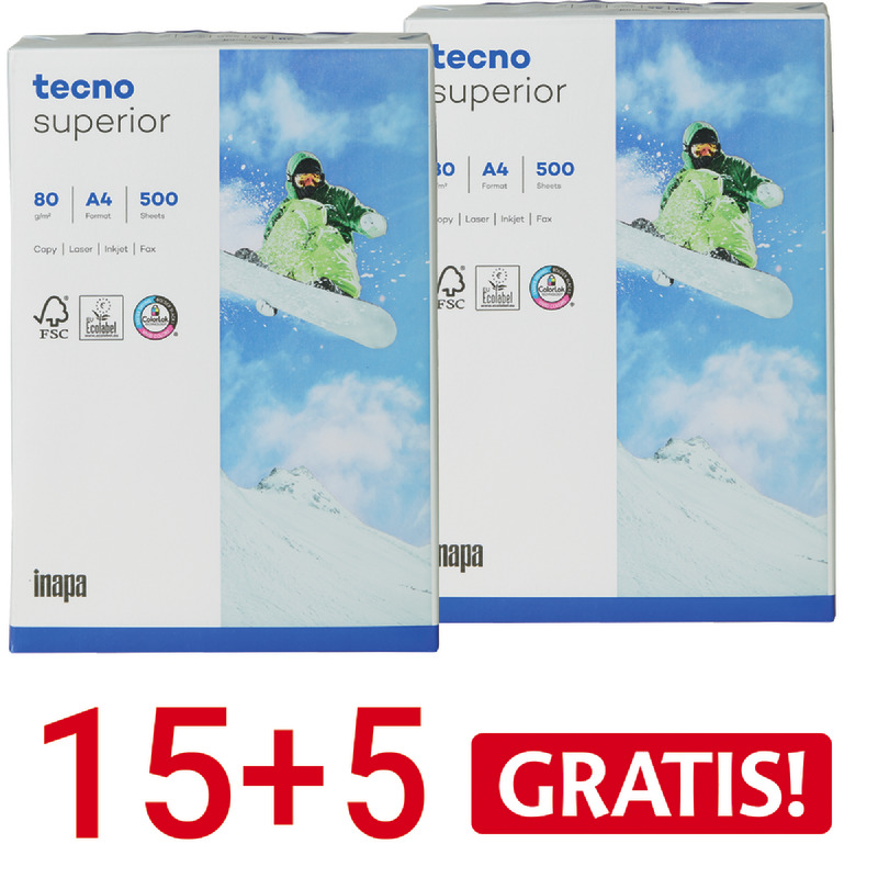 15+5 GRATIS! 20 Pack Kopierpapier tecno® superior, DIN A4, 80 g/m², Pack: 500 Blatt