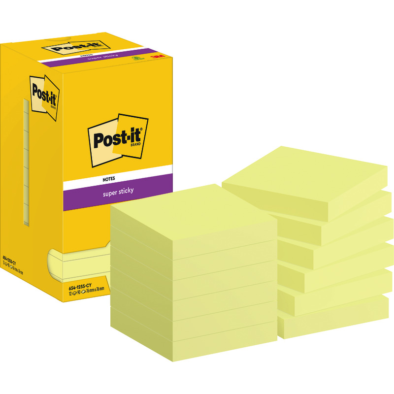 Post-it® Super Sticky Notes, Gelb, 76 mm x 76 mm, 90 Blatt/Block, 12 Blöcke/Packung, Kartonverpackung