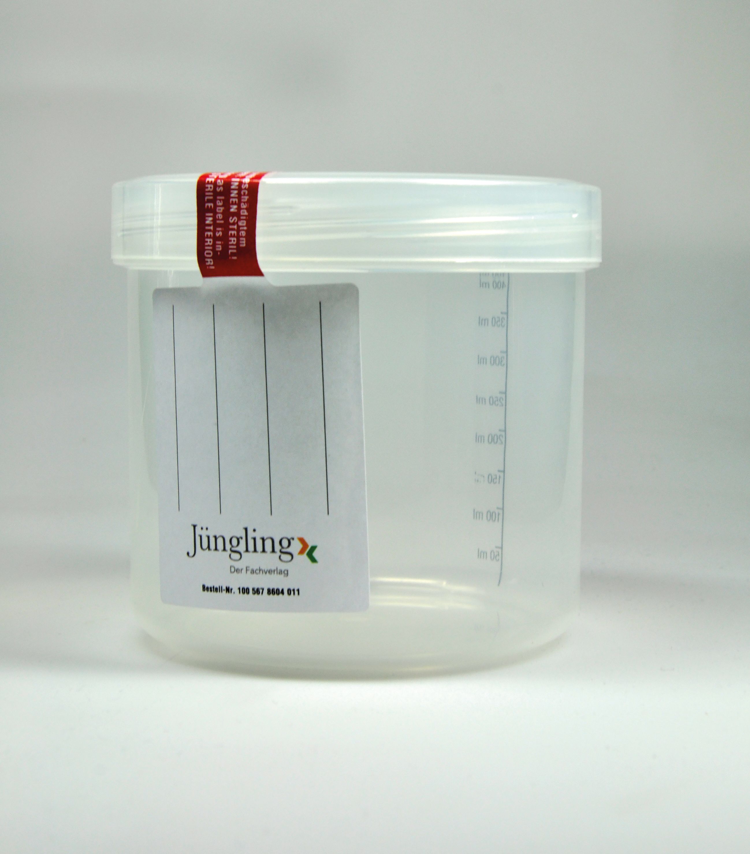Probenbecher steril mit Schraubdeckel 500 ml, skaliert bis 400 ml, Sicherungsetikett,  MHD ???