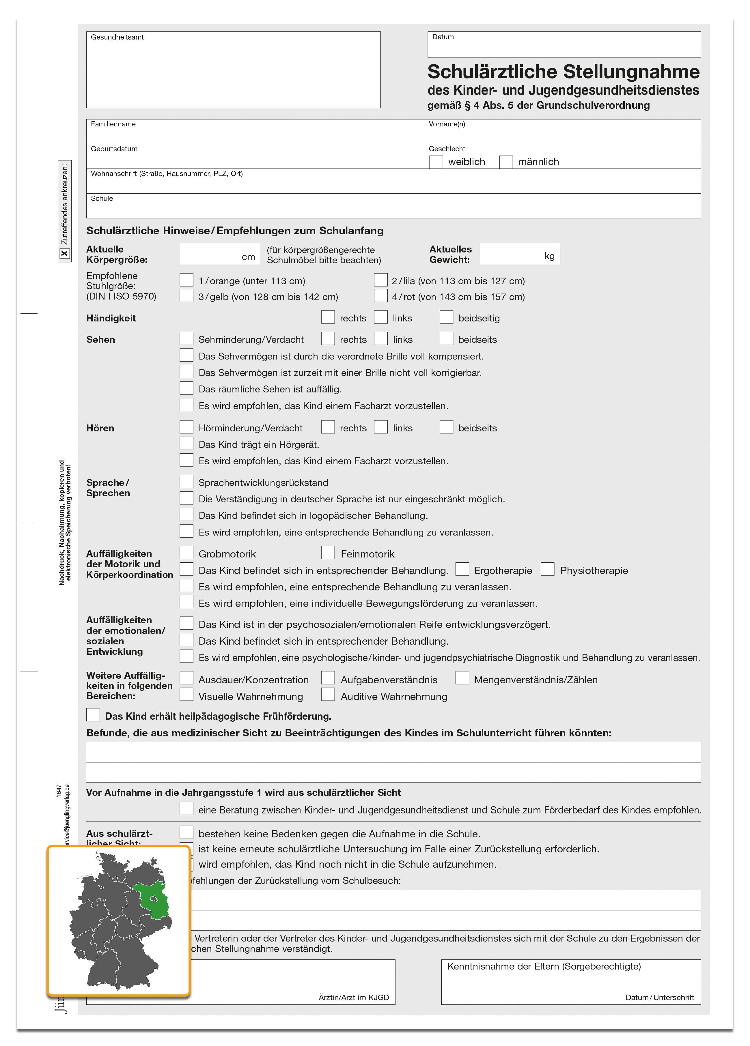 Schulärztliche Stellungnahme gemäß § 4 Grundschulverordnung, 2-fach SD