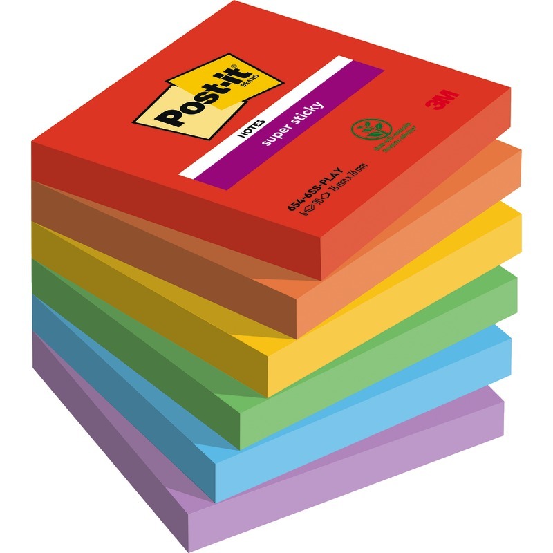 Post-it® Haftnotizen Super Sticky Notes, 76 x 76 mm, farbsortiert, 6 Blöcke - Playful bunt