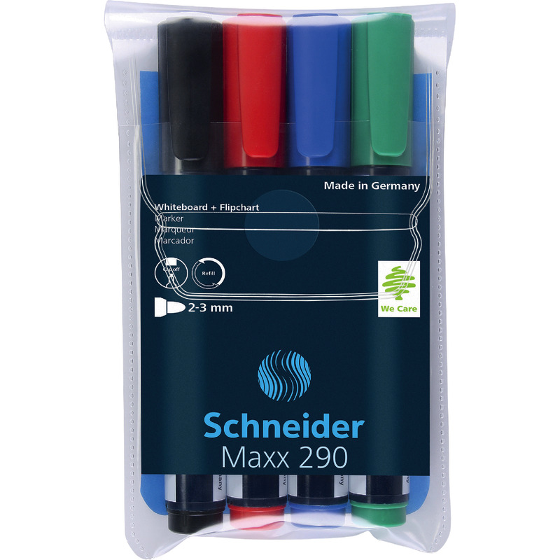 SCHNEIDER Flip-Chart- und Boardmarker Maxx 290, Etui mit 4 farbsortierten Stiften - farbig sortiert