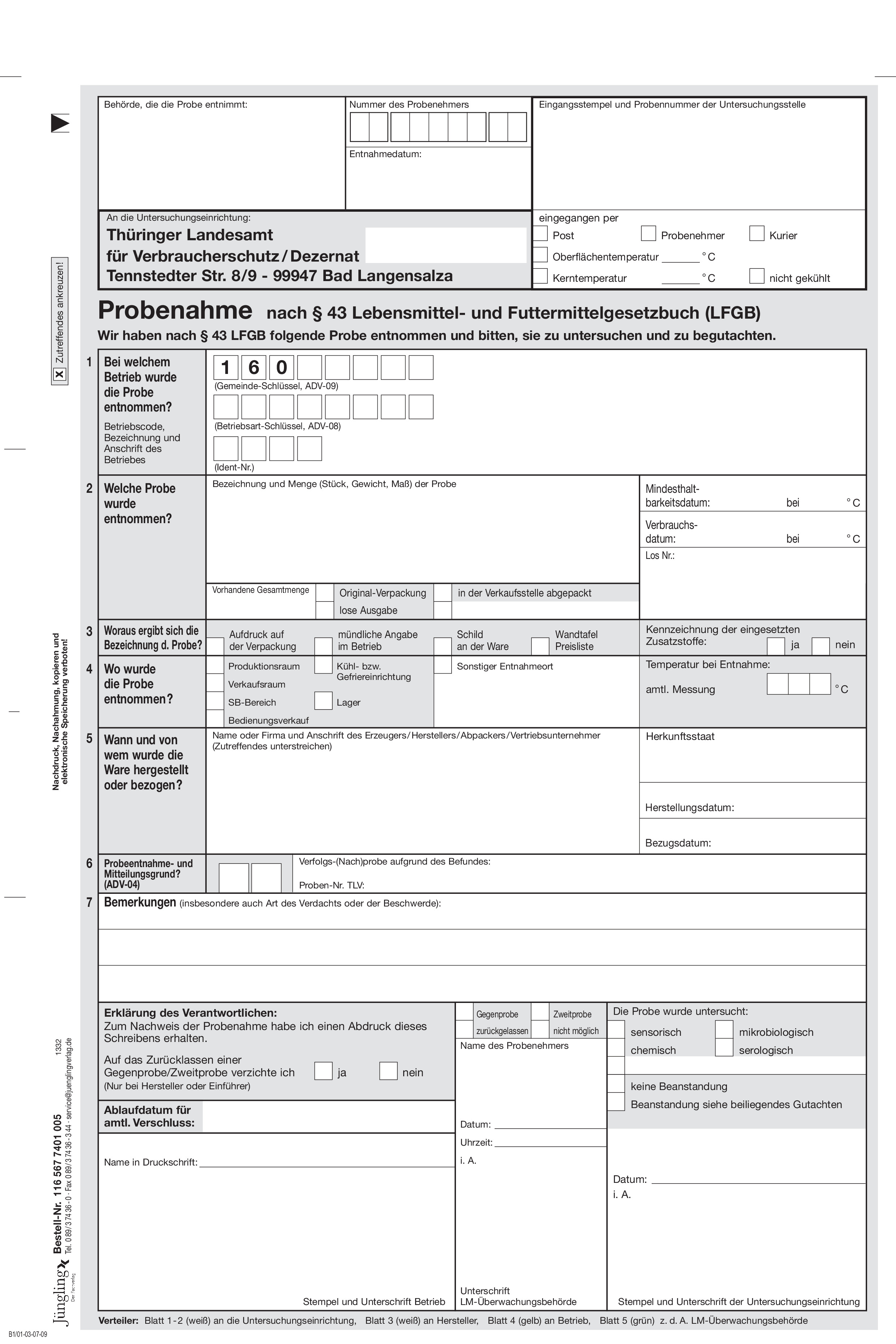 Probenahmeniederschrift Thüringen nach § 43 LFGB, A4 5-fach