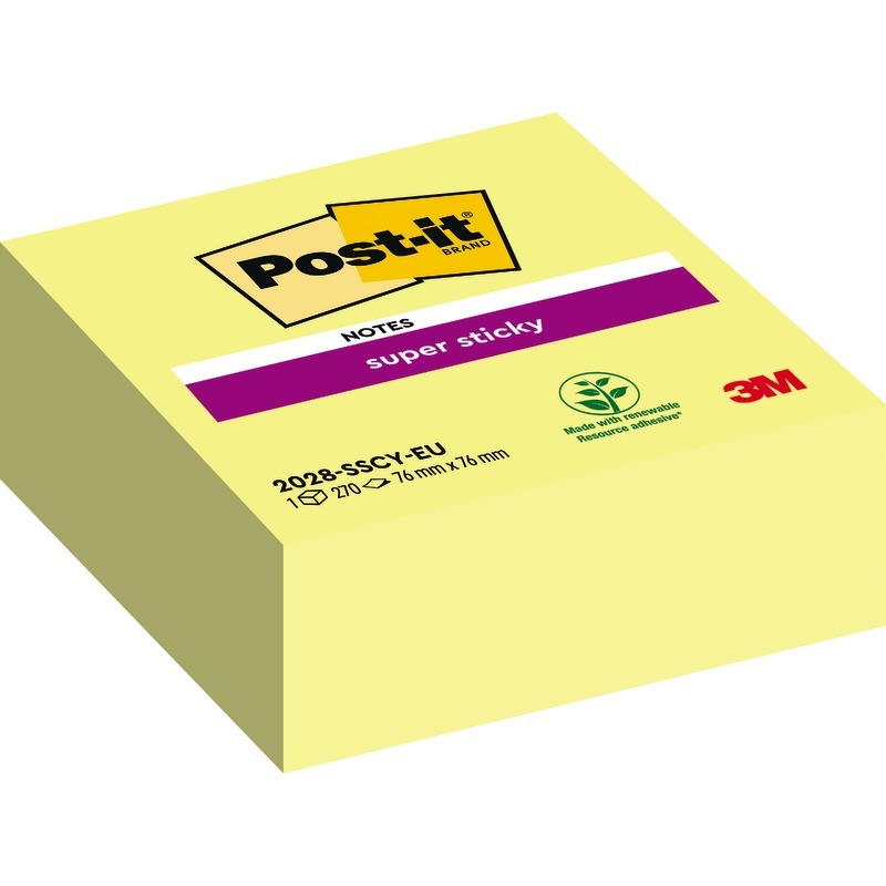 Post-it® Haftnotizen Super Sticky Notes, Würfel 76 x 76 mm, gelb, Block: 270 Blatt