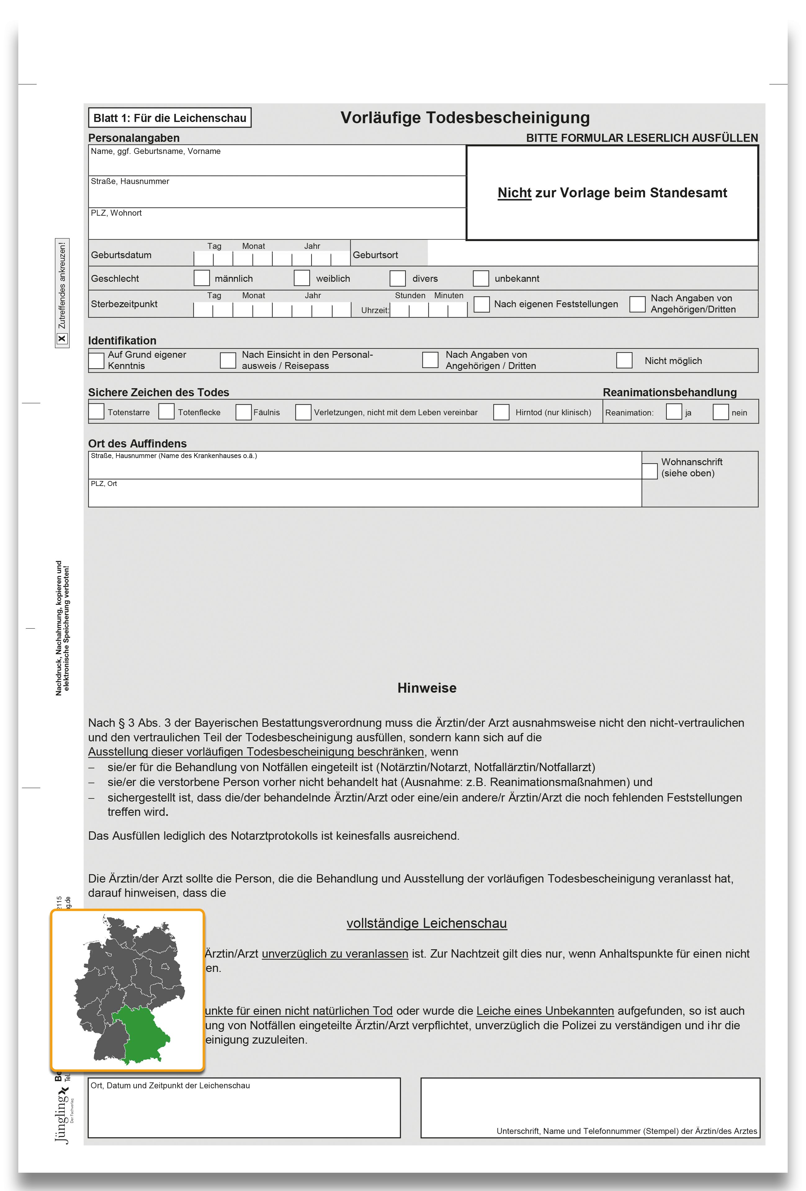 Vorläufige Todesbescheinigung, Bayern