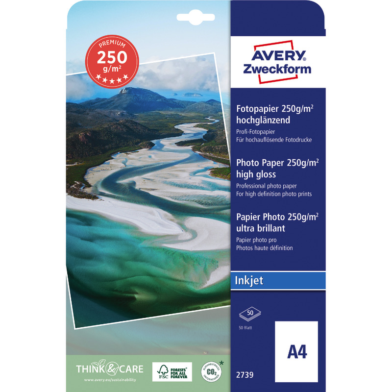 AVERY Zweckform Premium Inkjet Fotopapier, hochglänzend, DIN A4, 250 g/m², Packung: 50 Blatt