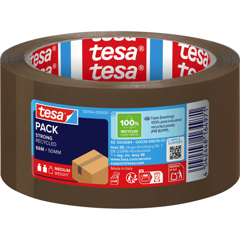 tesapack® Packband STRONG RECYCLED, 50 mm x 66 m - braun