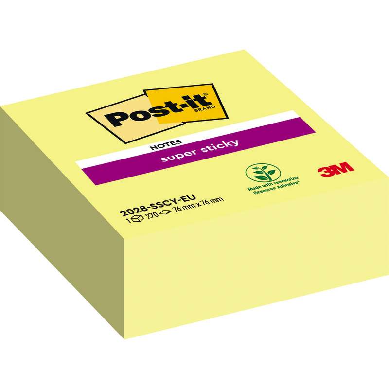 Post-it® Super Sticky Notes Würfel 2028-SSCY, Gelb, 76 mm x 76 mm, 270 Blatt/Block, 1 Block/Packung