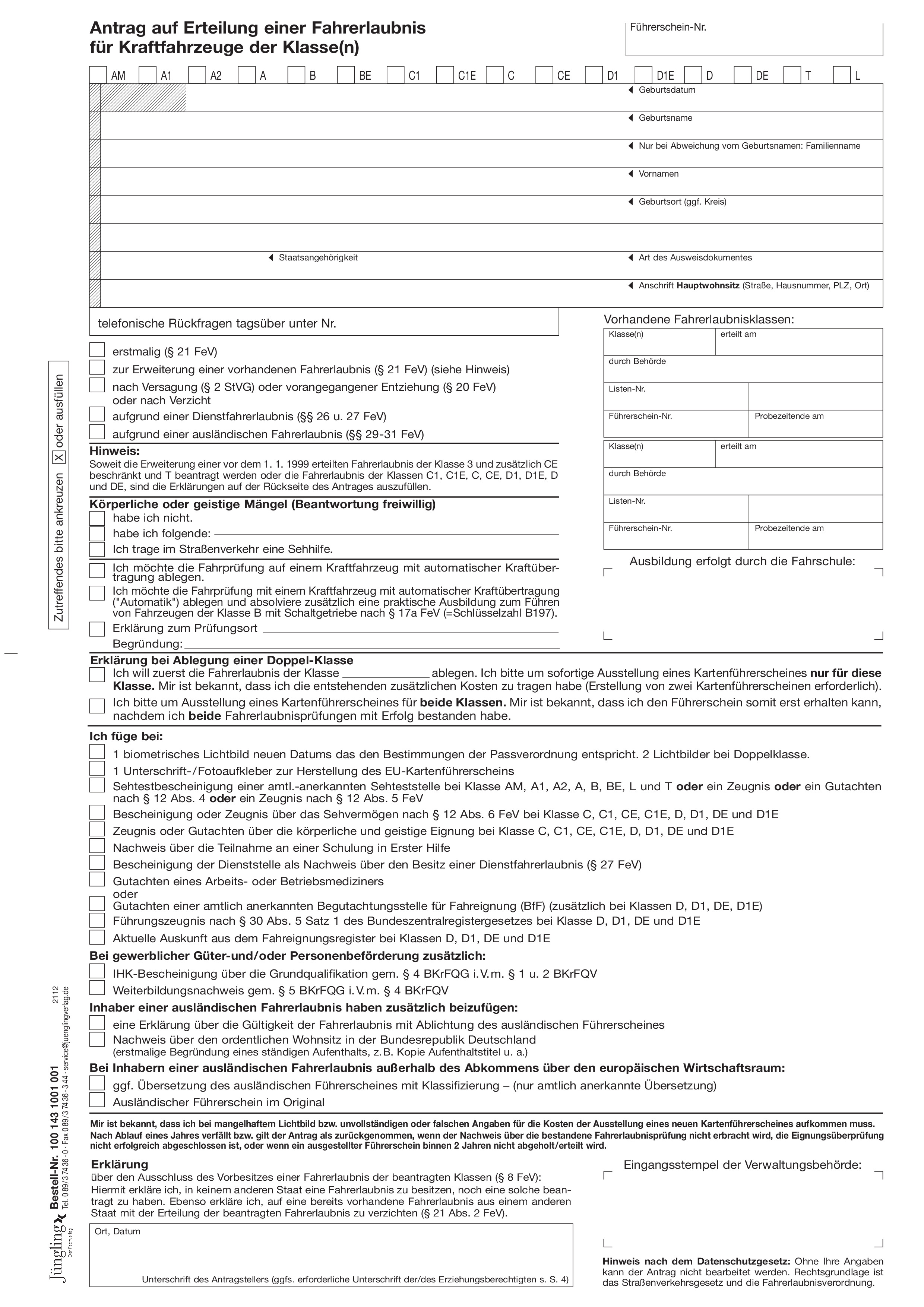 Antrag auf Erteilung einer Fahrerlaubnis, A4, 4-seitig, Weiß