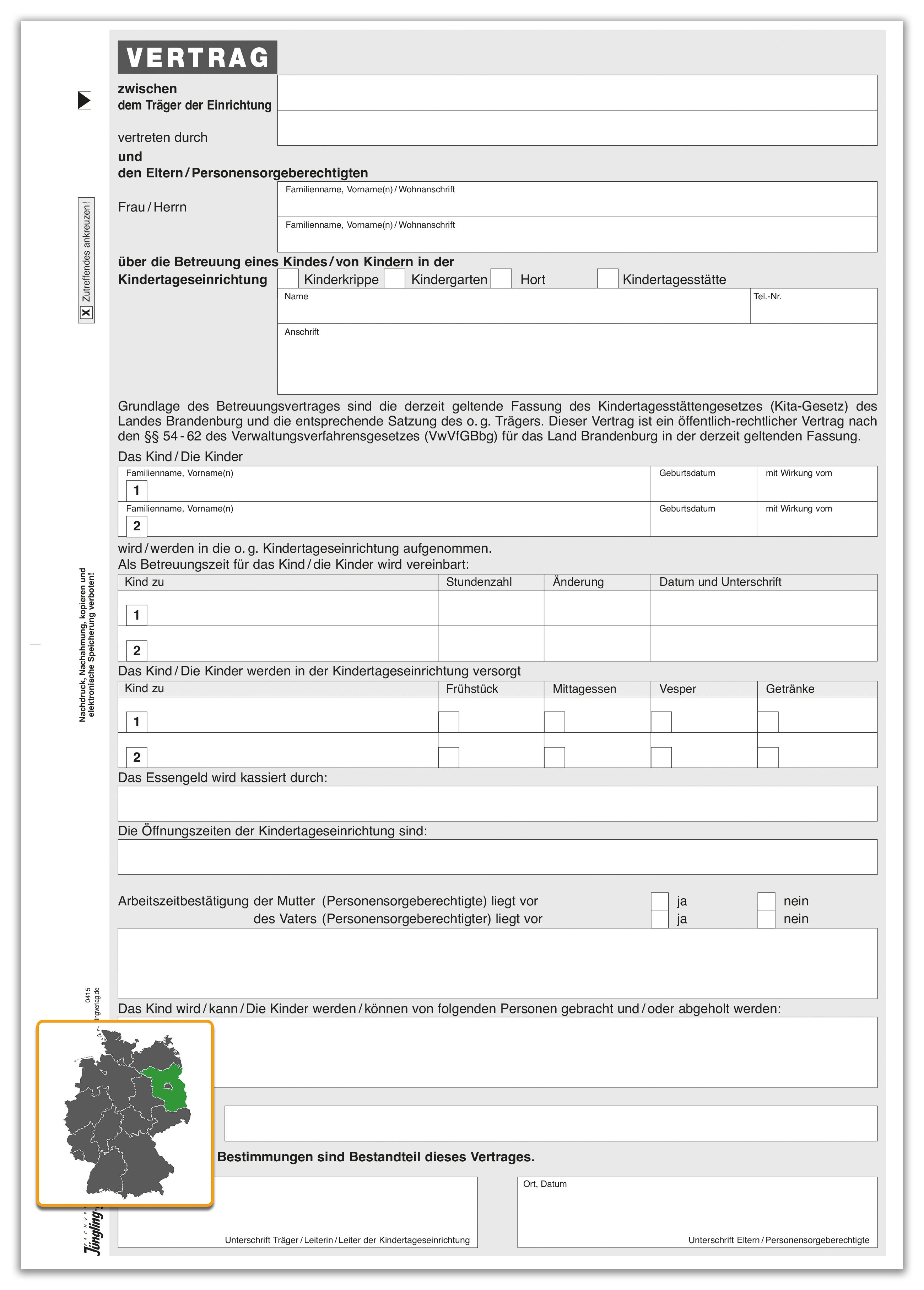 Betreuungsvertrag für Kita, A4, 2fach