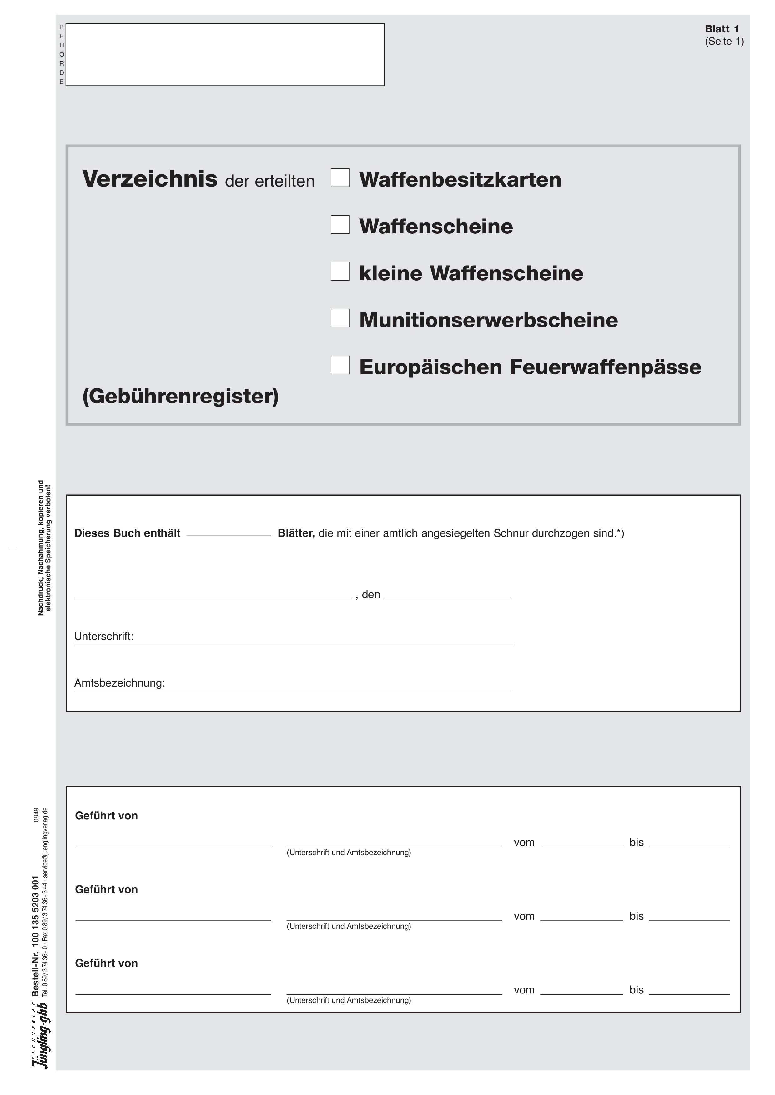 Verzeichnis waffenrechtlicher Erlaubnisse - Titelbogen, DIN A4, 4-seitig