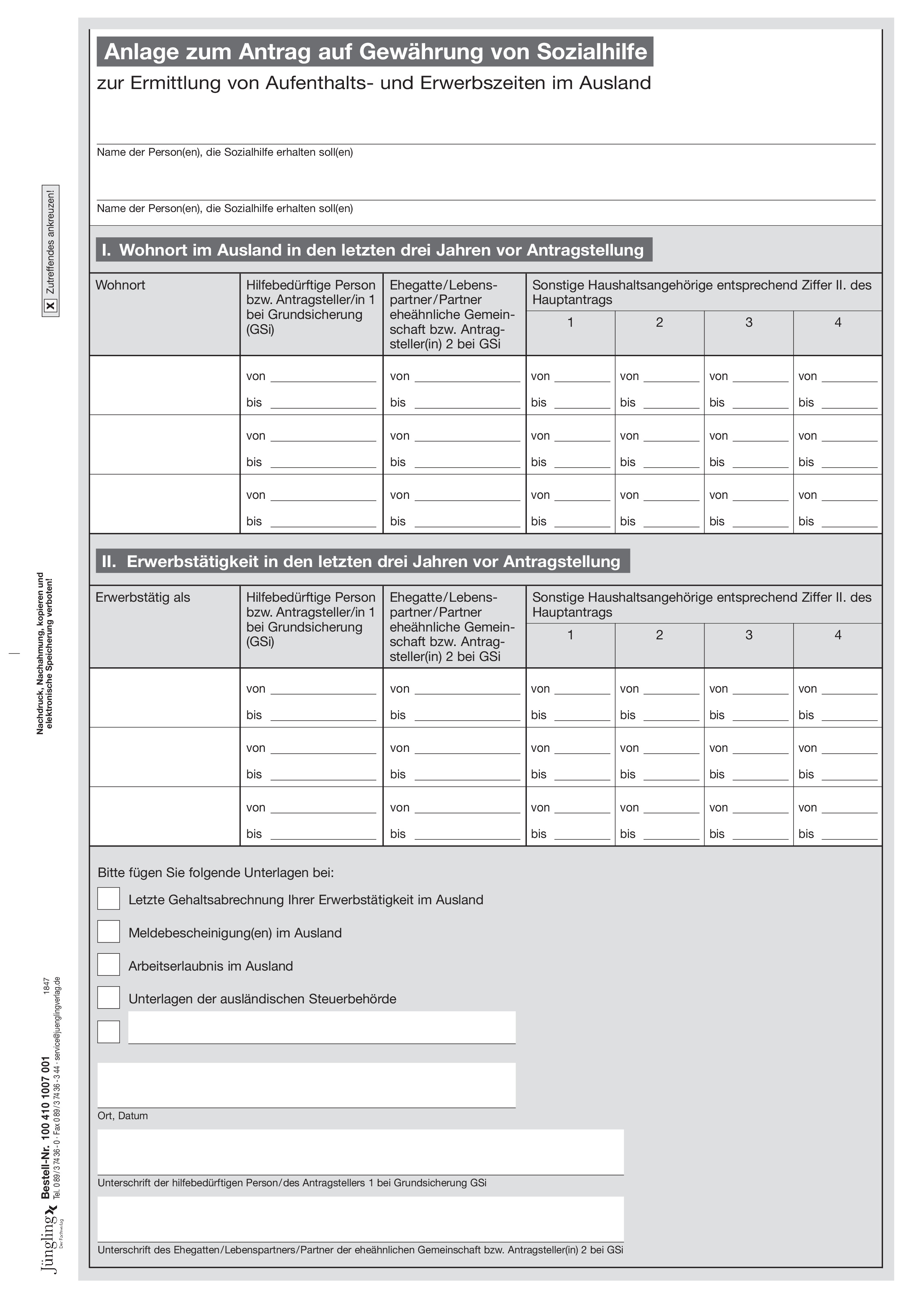 Anlage zum Antrag auf Gewährung von Sozialhilfe zur Ermittlung von Aufenthalts- und Erwerbszeiten im Ausland, A4