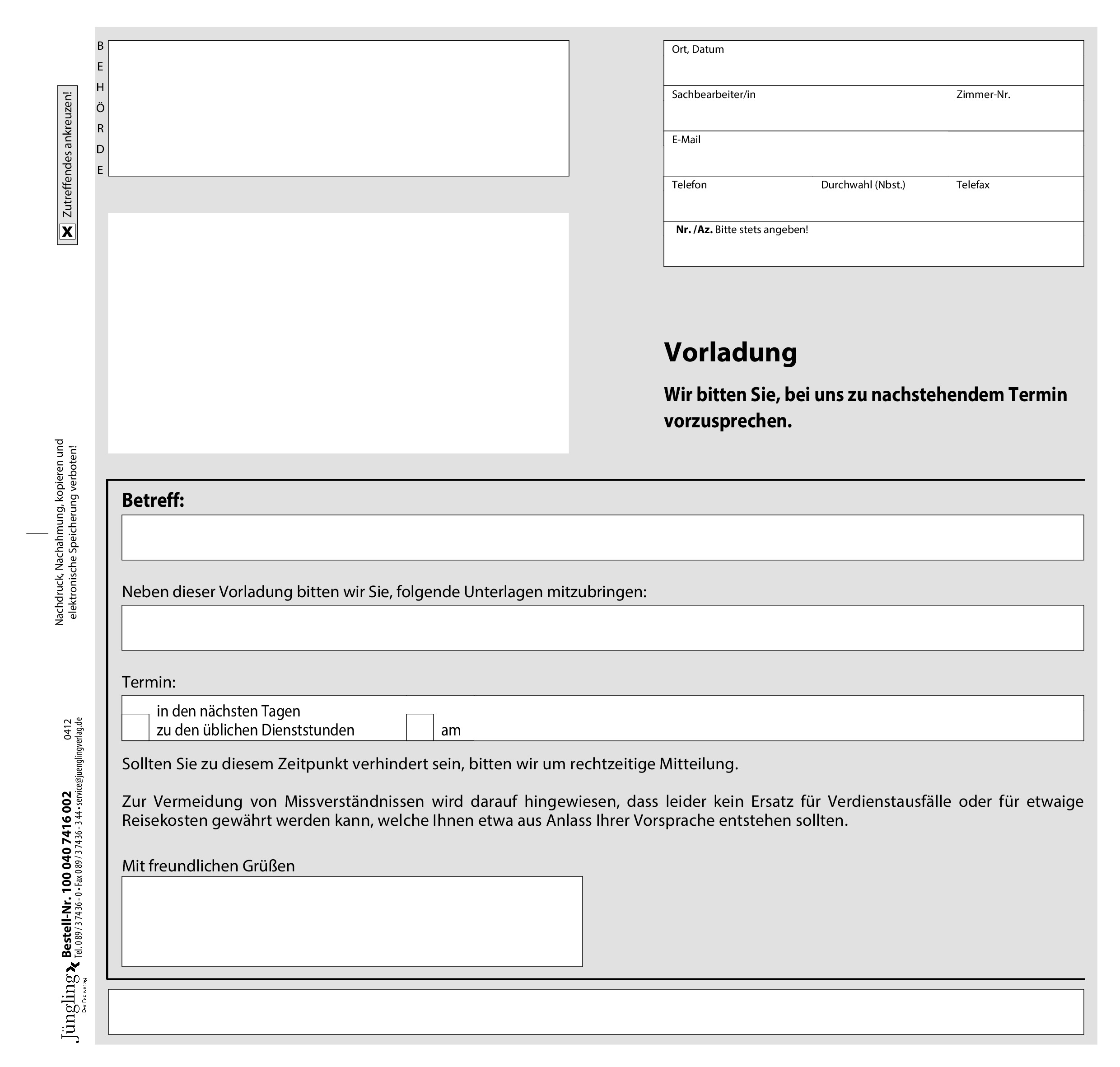 Terminvereinbarung (Vorladung), 2/3 DIN A4, 2-fach SD