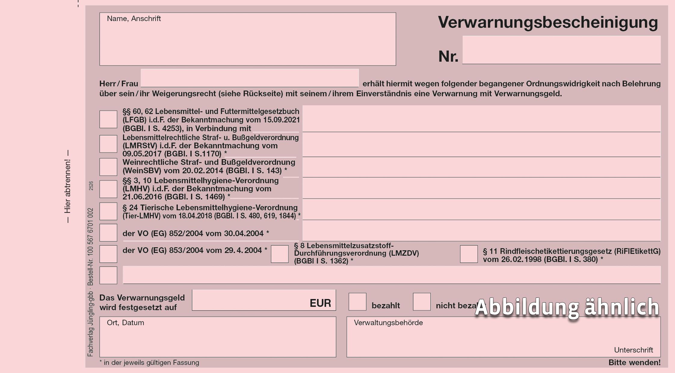 Verwarnungsbescheinigung Lebensmittelüberwachung, Durchschlag, rosa/weiß