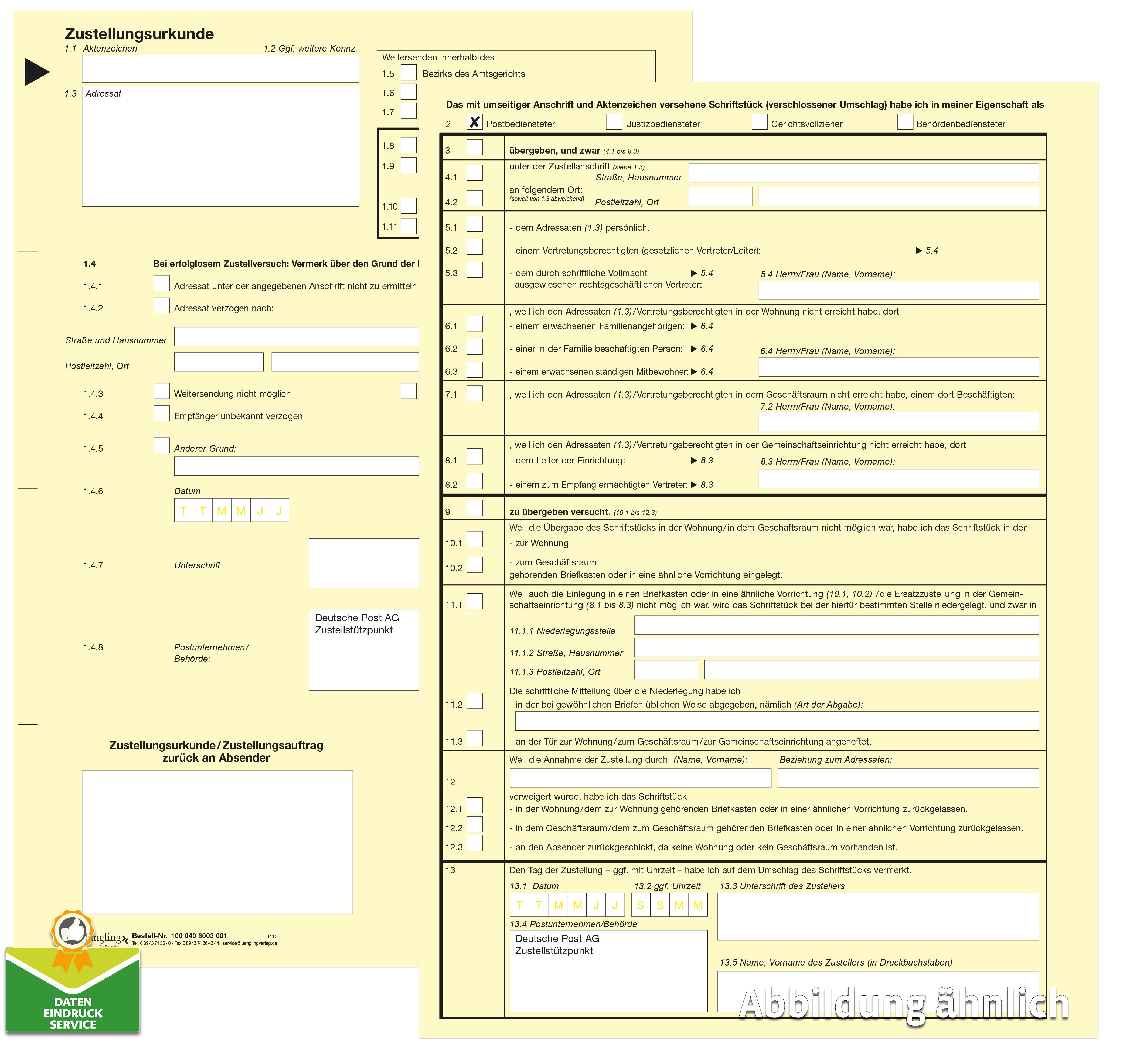 Zustellungsurkunde, A4, gelb, laserdruckergeeignet, Eindruck Deutsche Post AG