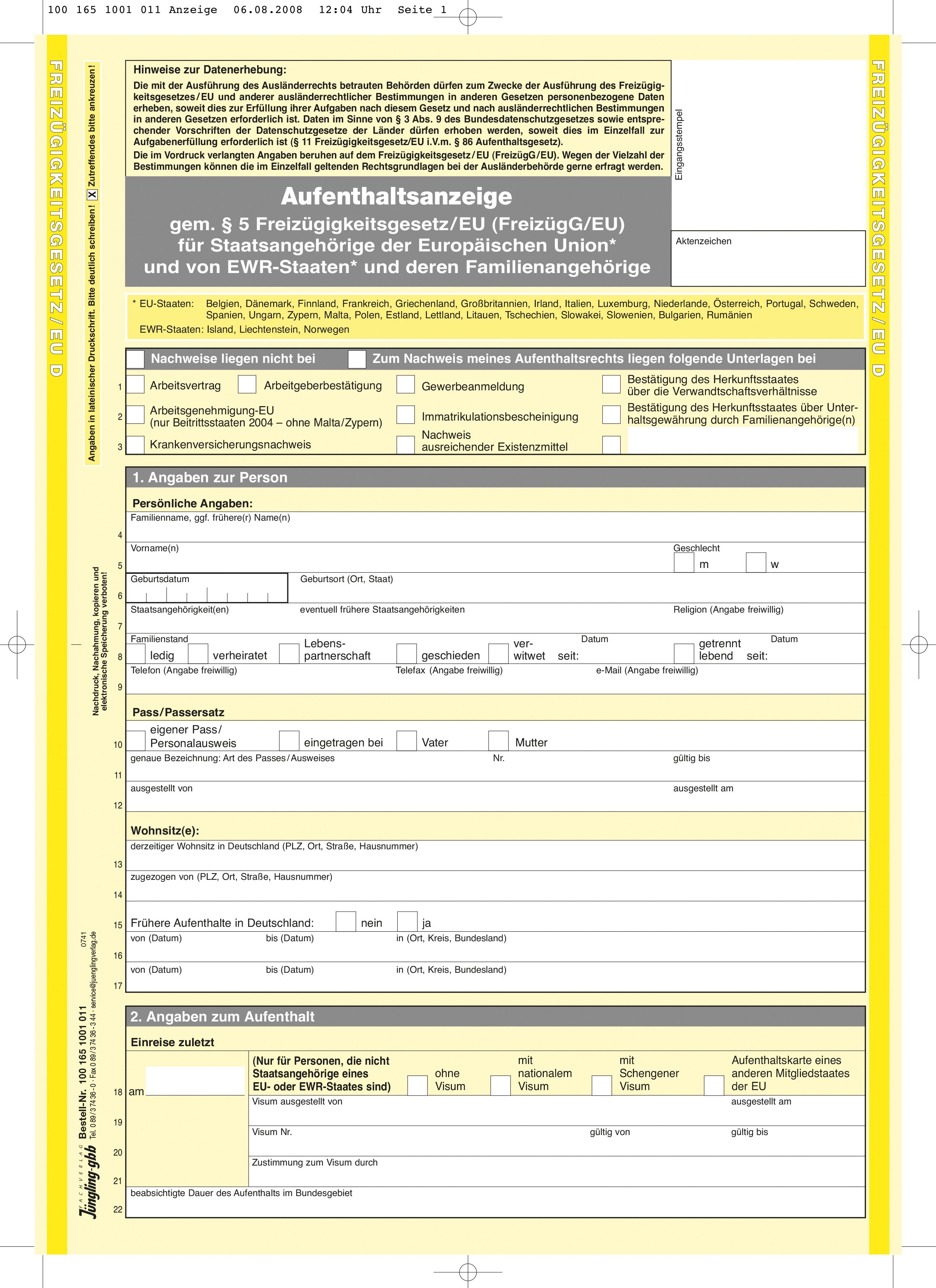 Aufenthaltsanzeige für EU-Bürger und deren Ehegatten, Deutsch, DIN A4, 2seitig